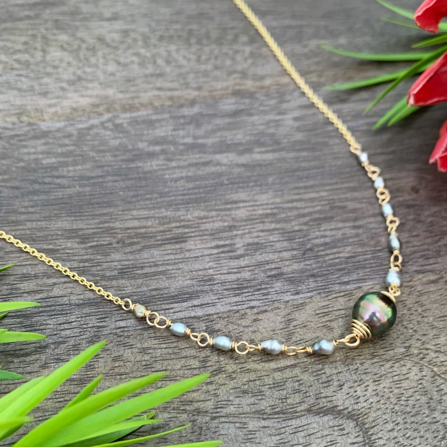 Tahitian Pearl Necklace with Keshi Accents – Gold Filled Chain • Handmade in Hawaii • boho chic