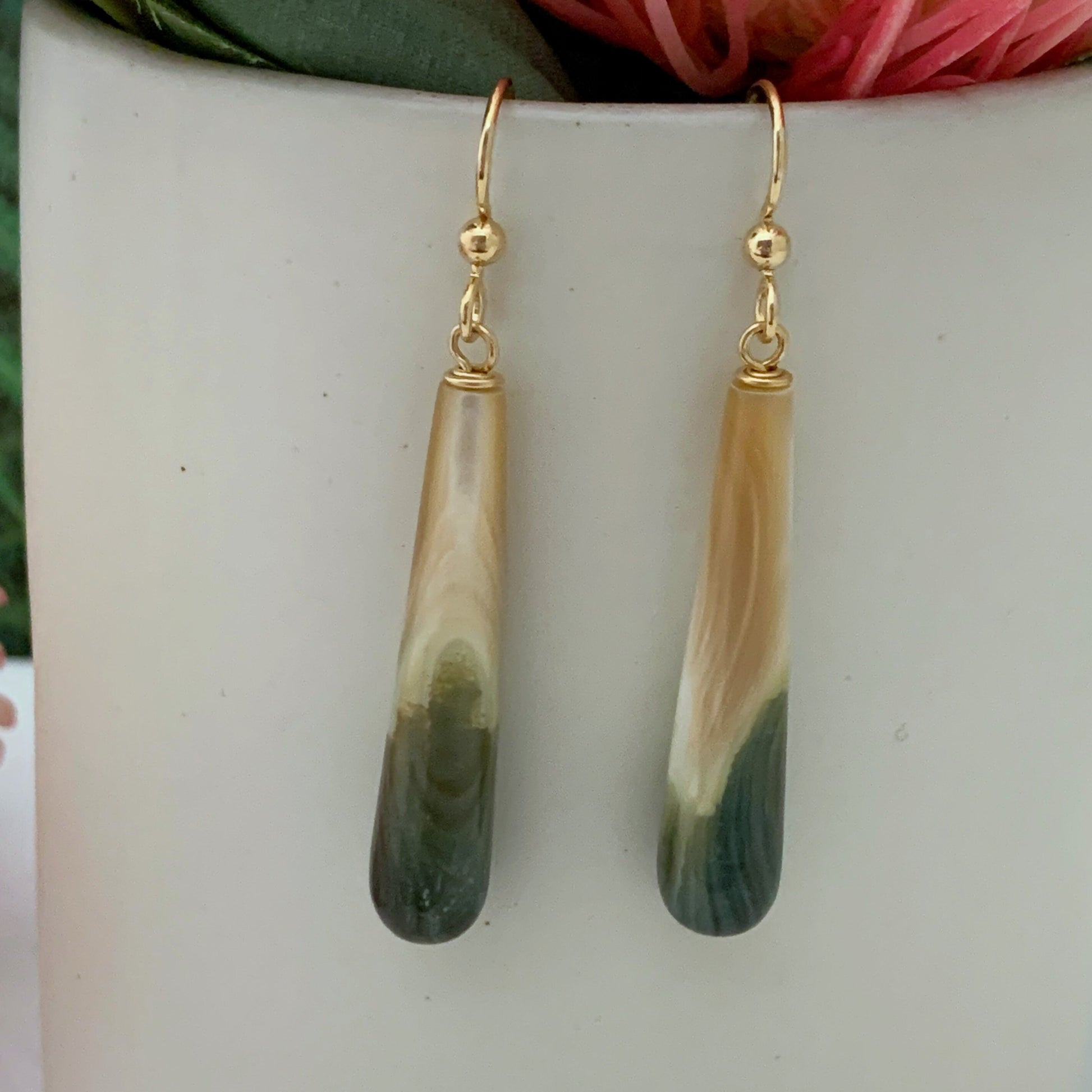 Exotic Green Handmade Shell Drop Earrings for Unique Gifts • Gold-filled or Sterling Silver