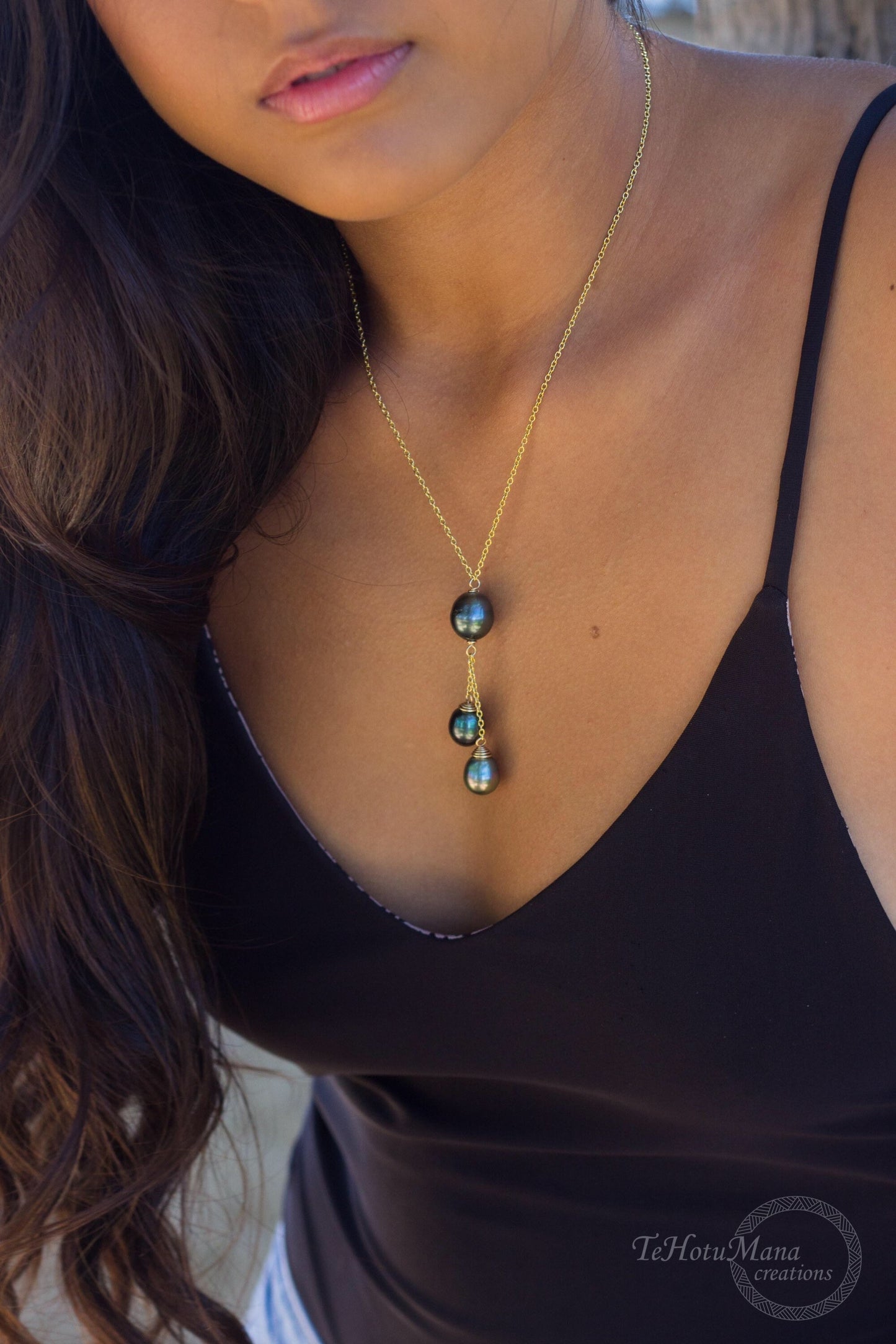 Tahitian pearl necklace with 3 pearls • Dangle Gold filled jewelry