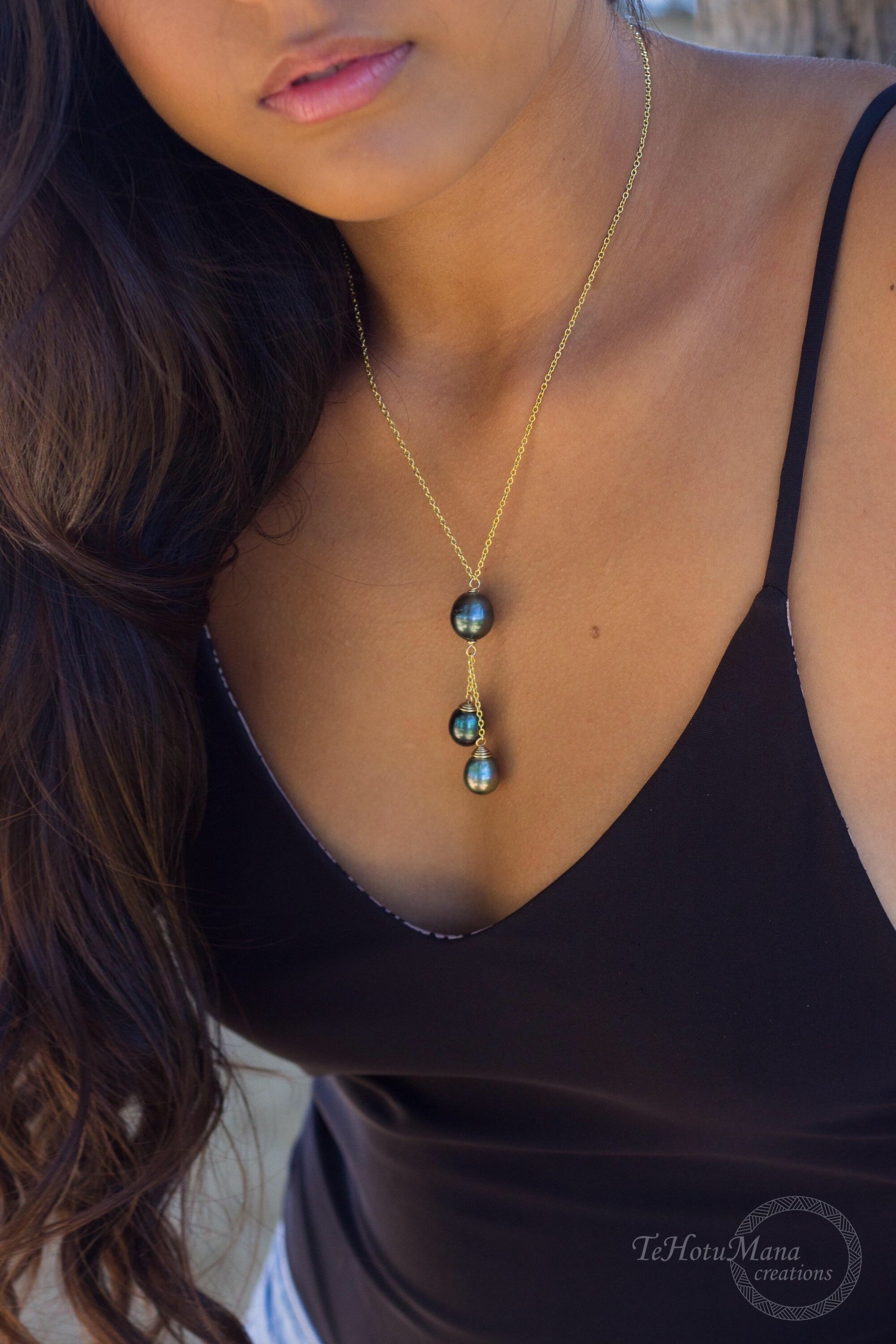 Tahitian pearl necklace with 3 pearls • Dangle Gold filled jewelry