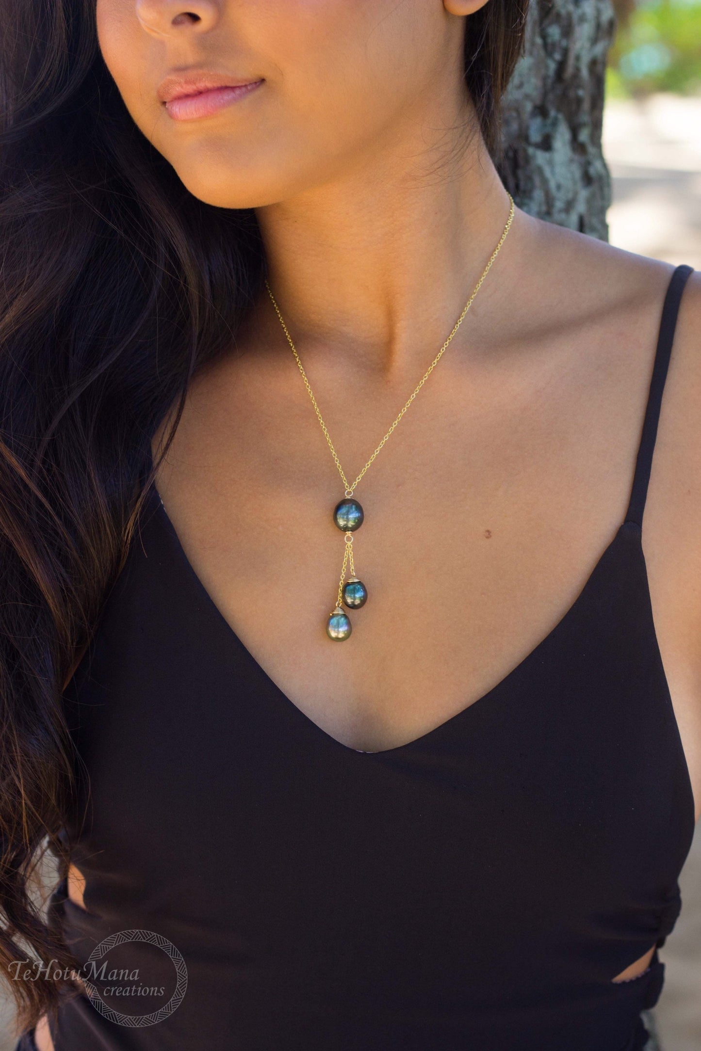Multicolor Triple dangle Tahitian pearl necklace • Gold filled jewelry