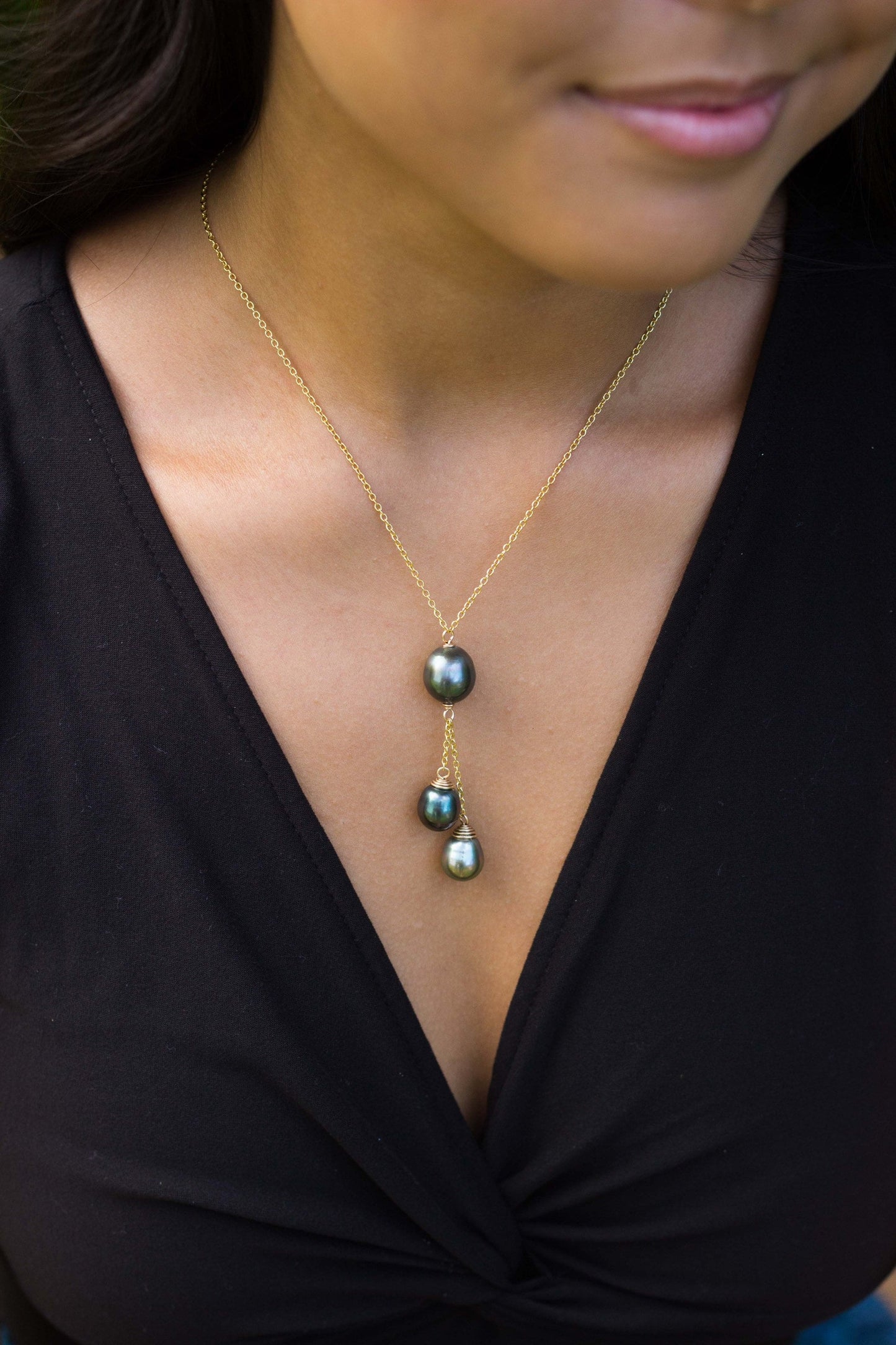 Tahitian pearl necklace with 3 pearls • Dangle Gold filled jewelry