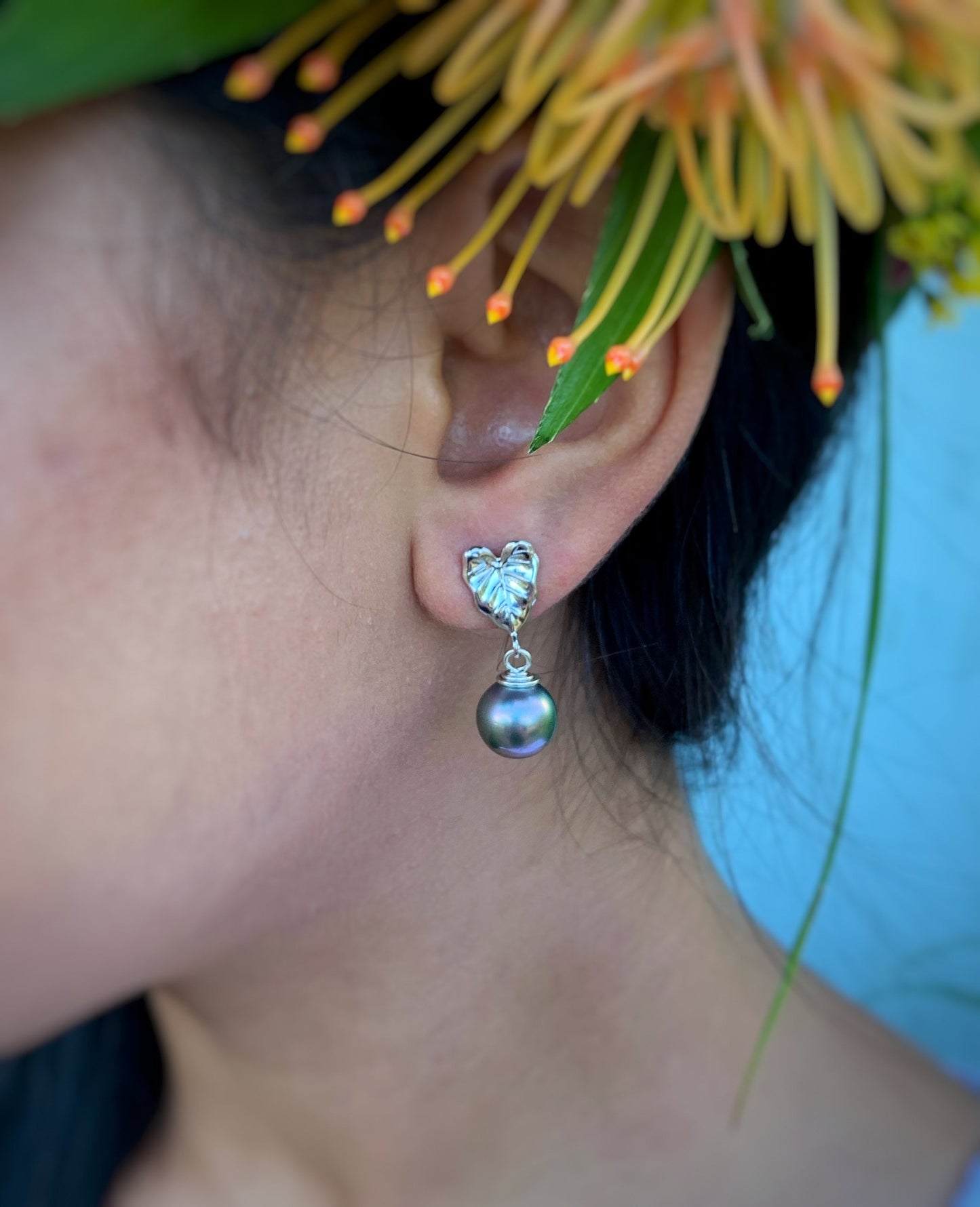 Tahitian pearl earrings — Kalo stud jewelry • Tropical Leaf design • Sterling silver
