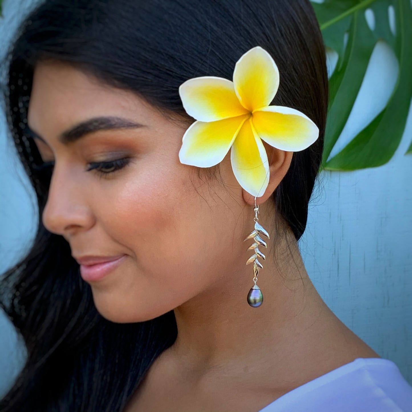 Tahitian Pearl earrings • Heliconia dangle earrings • Sterling silver statement jewelry • natural and genuine colors • organic gemstone