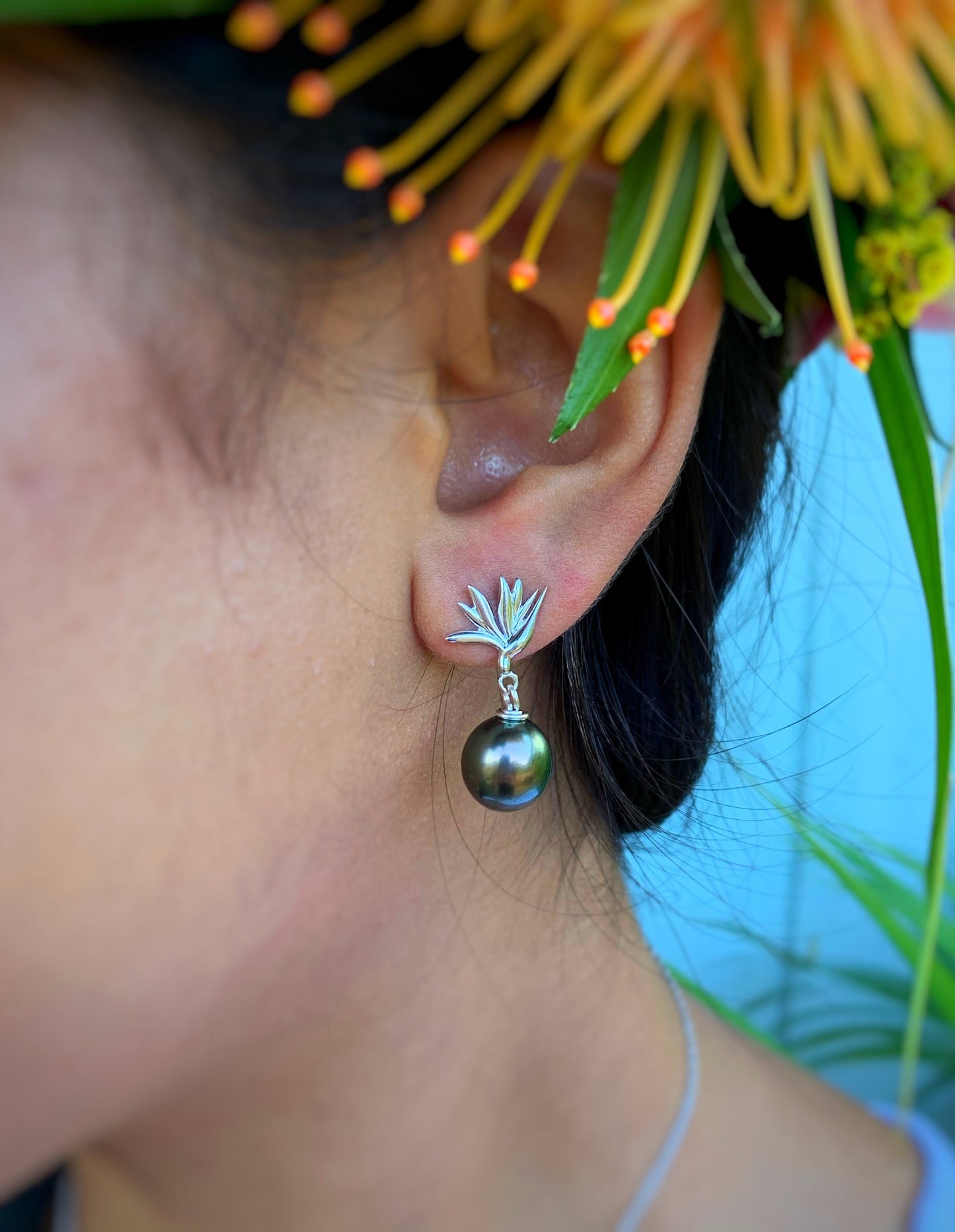 Tahitian Pearl Earrings • Bird of Paradise Studs • Hawaiian Jewelry Gift • Sterling silver