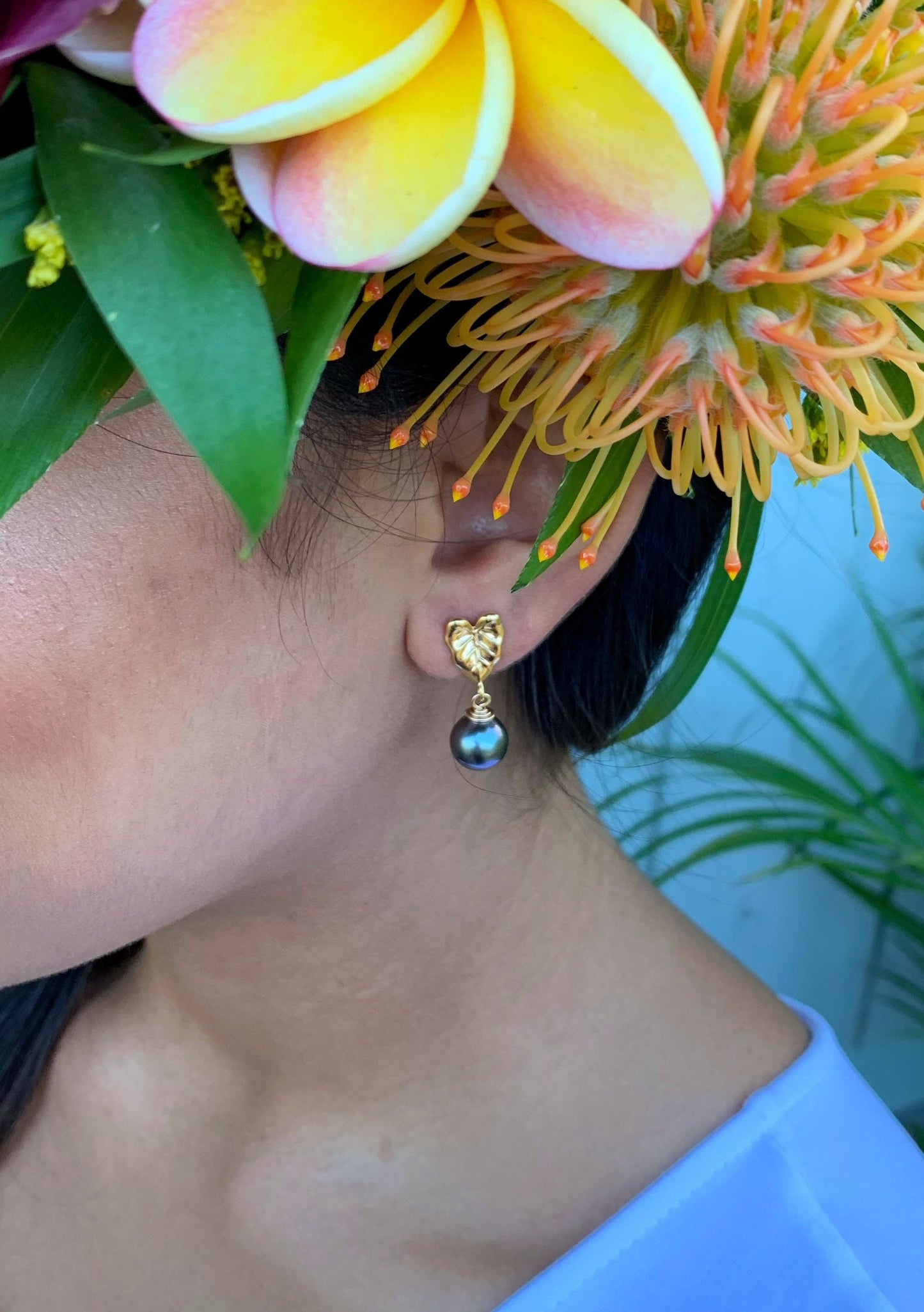 Tahitian pearl earrings • Kalo studs • Hawaiian design • Gold Taro leaf