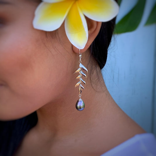 Tahitian Pearl earrings • Heliconia dangle earrings • Sterling silver statement jewelry • natural and genuine colors • organic gemstone