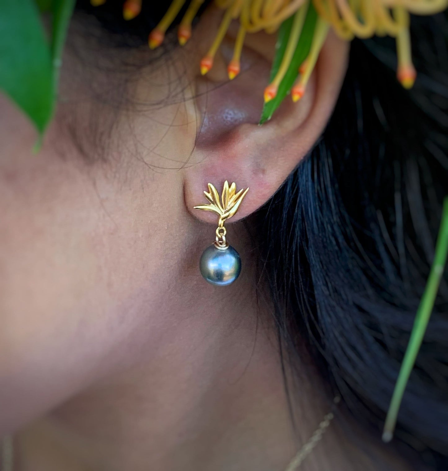 Tahitian Pearl Earrings • Gold Bird of Paradise Studs • Hawaiian Jewelry Gift
