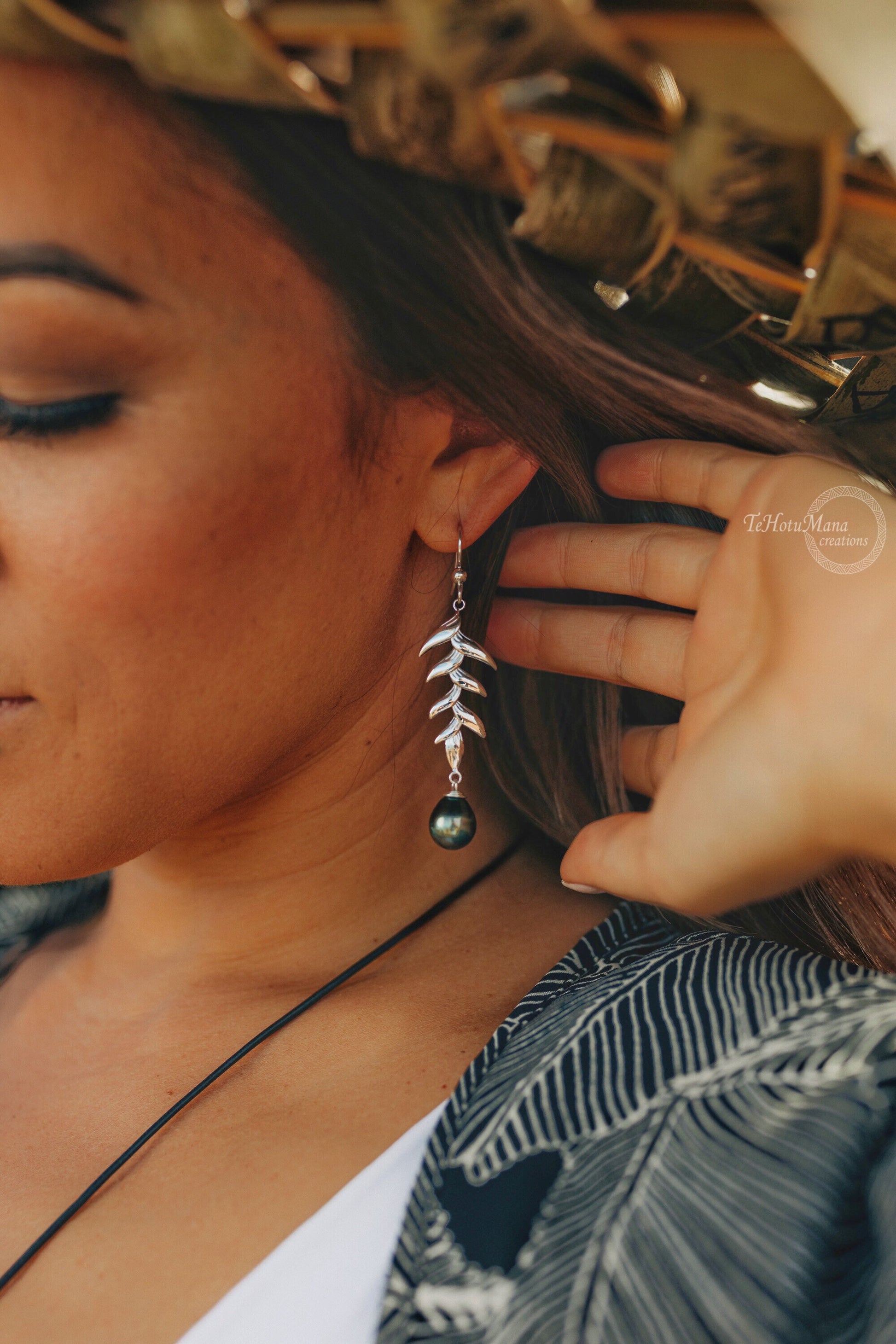Tahitian Pearl earrings • Heliconia dangle earrings • Sterling silver statement jewelry • natural and genuine colors • organic gemstone