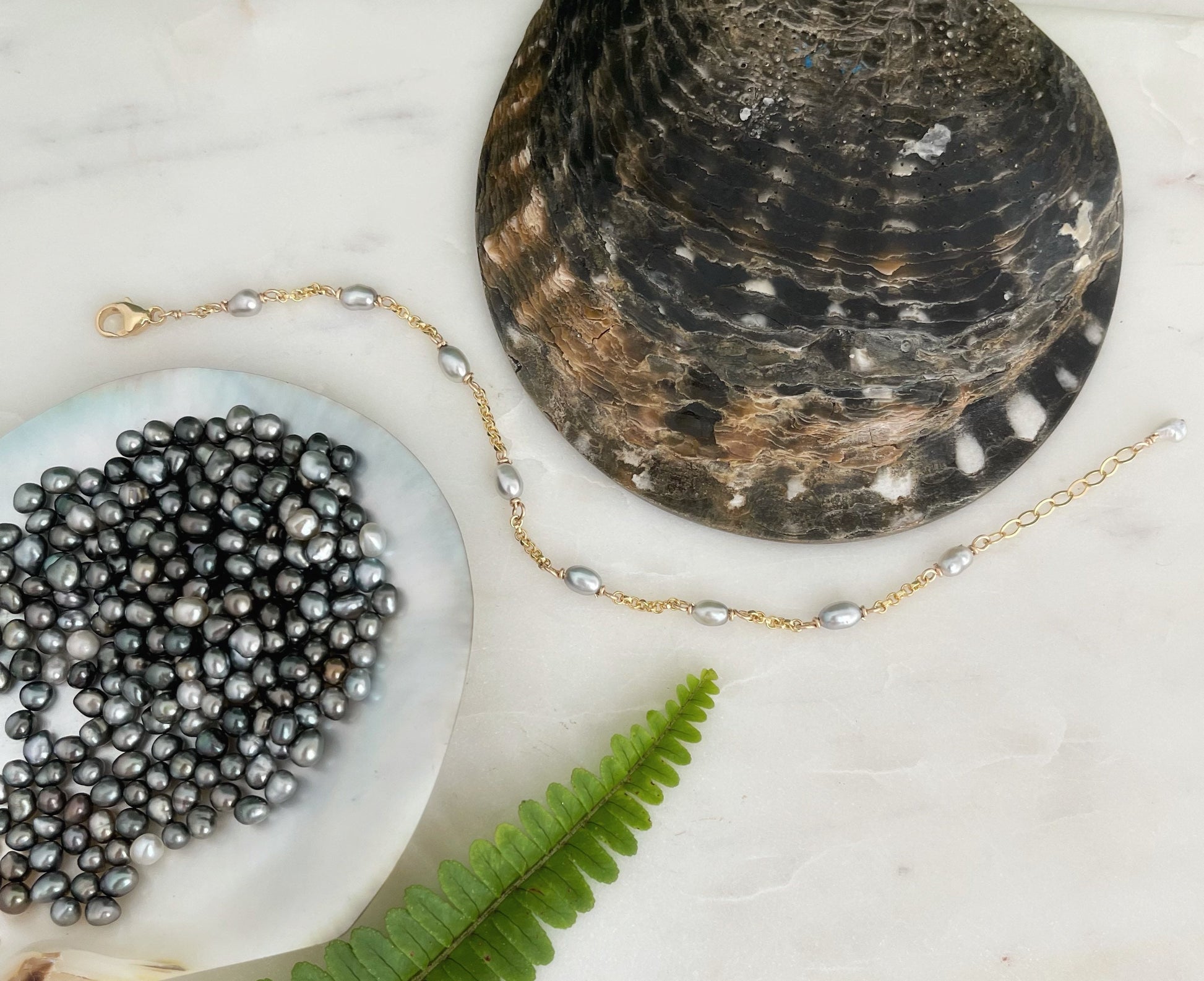Tahitian pearl bracelet • Keshi pearl link design • Sterling silver or gold filled