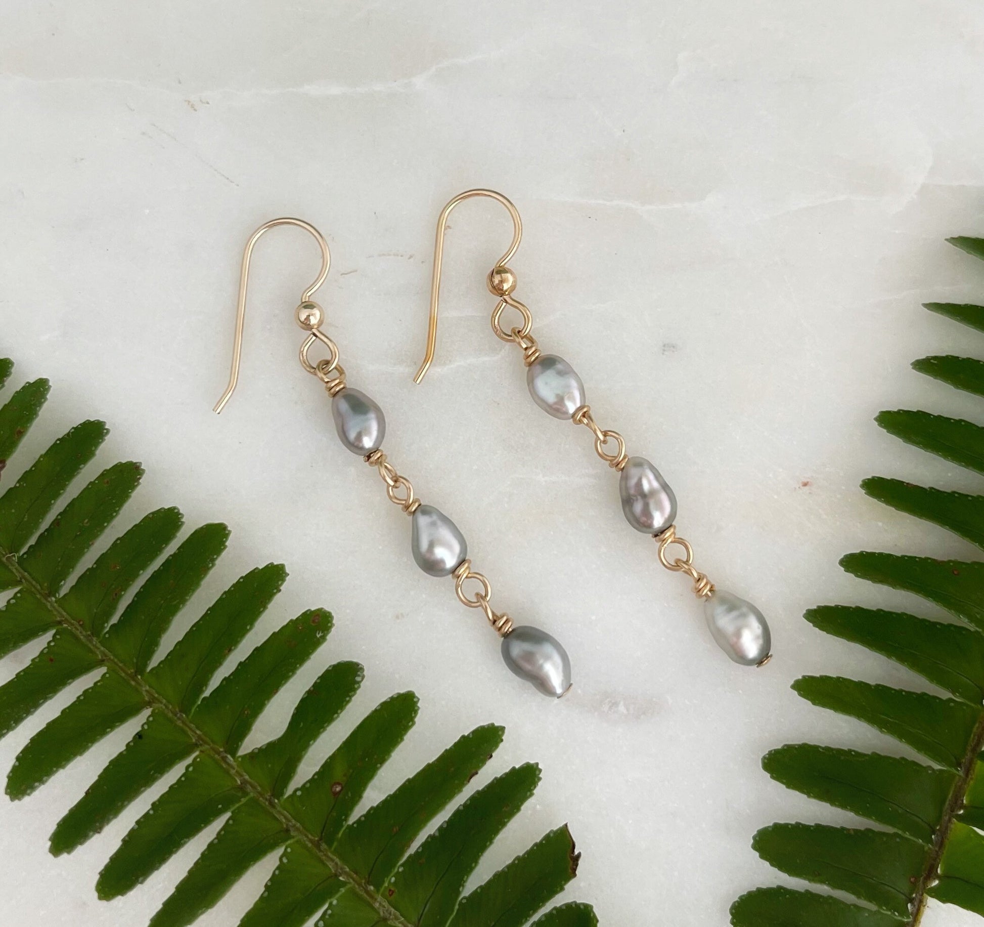 Tahitian Keshi Pearl Earrings • drop dangle design • Sterling silver or gold filled