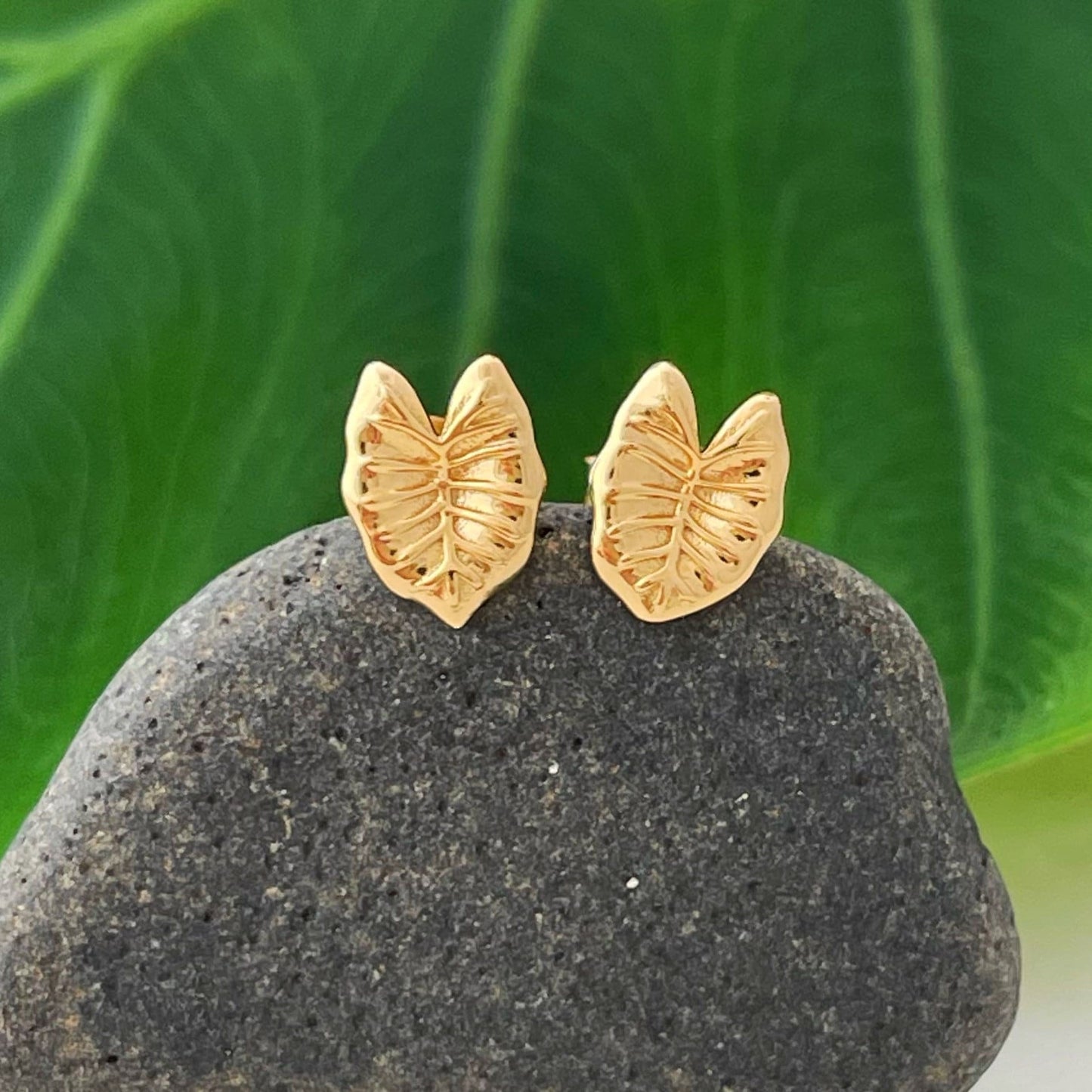 Kalo Leaf Stud Earrings: Hawaiian Jewelry • Gold vermeil or sterling silver