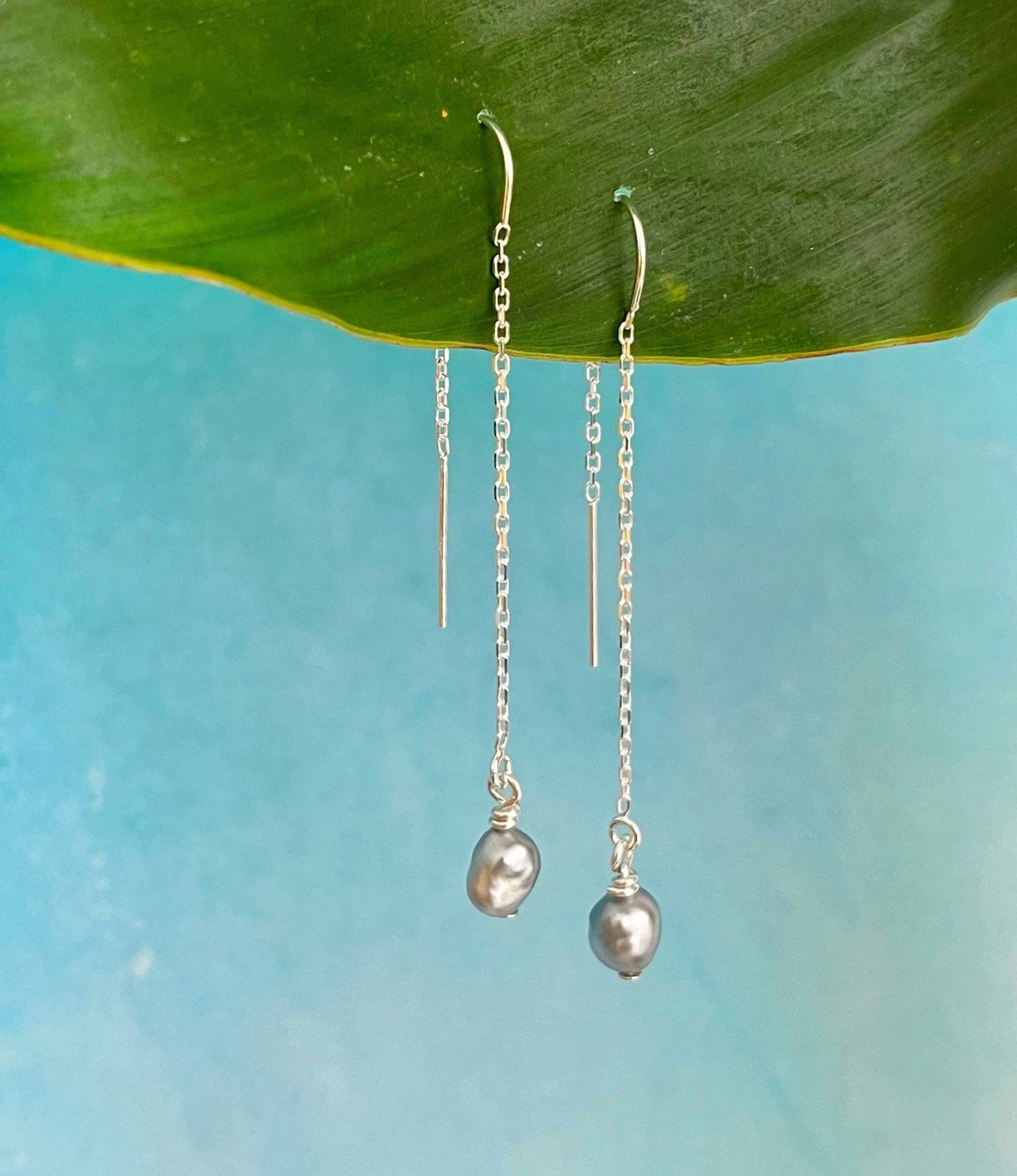 Tahitian Keshi Pearl Threader Earrings: Sterling Silver or Gold filled Dangles