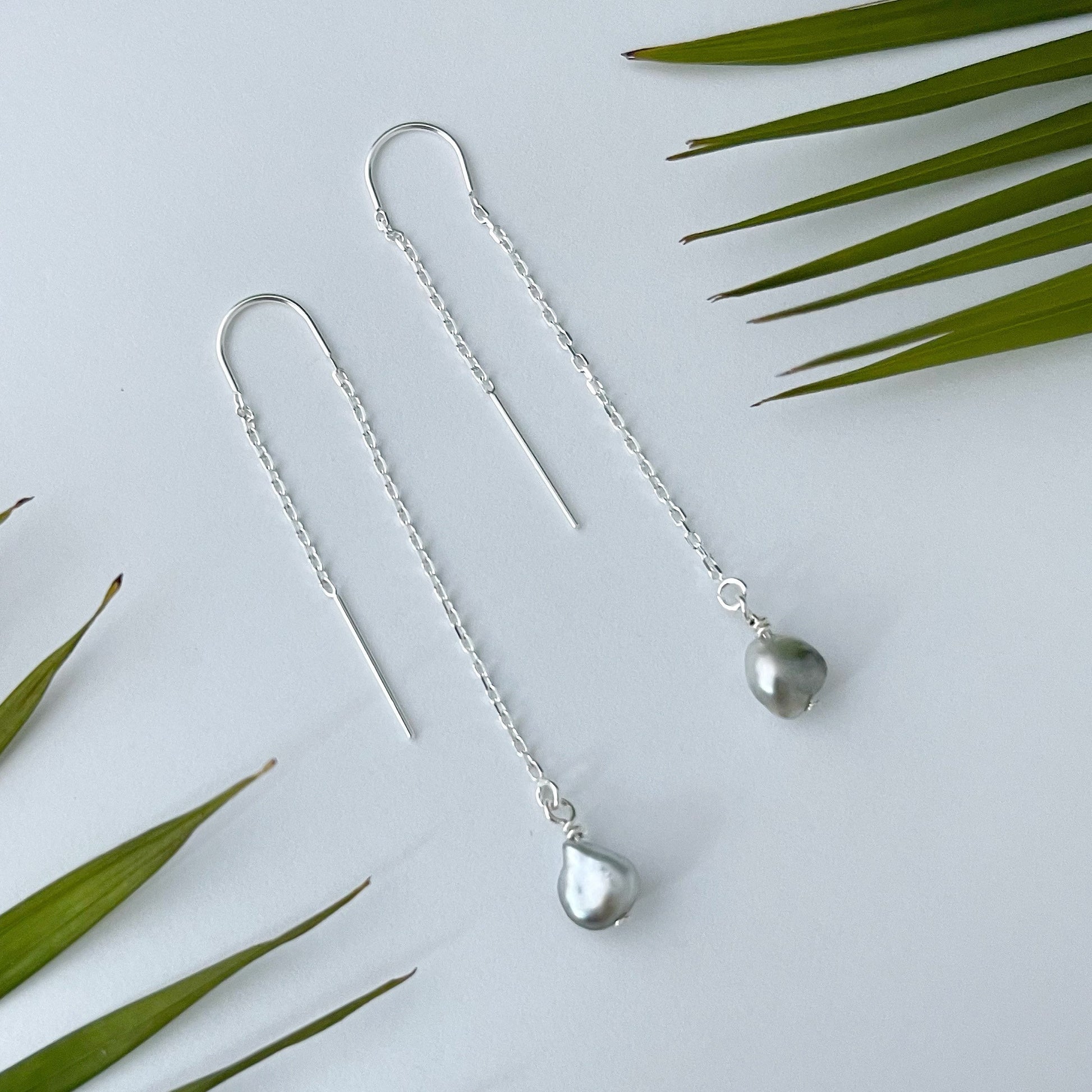 Tahitian Keshi Pearl Threader Earrings: 14k Gold Filled or Sterling Silver Dangle Jewelry