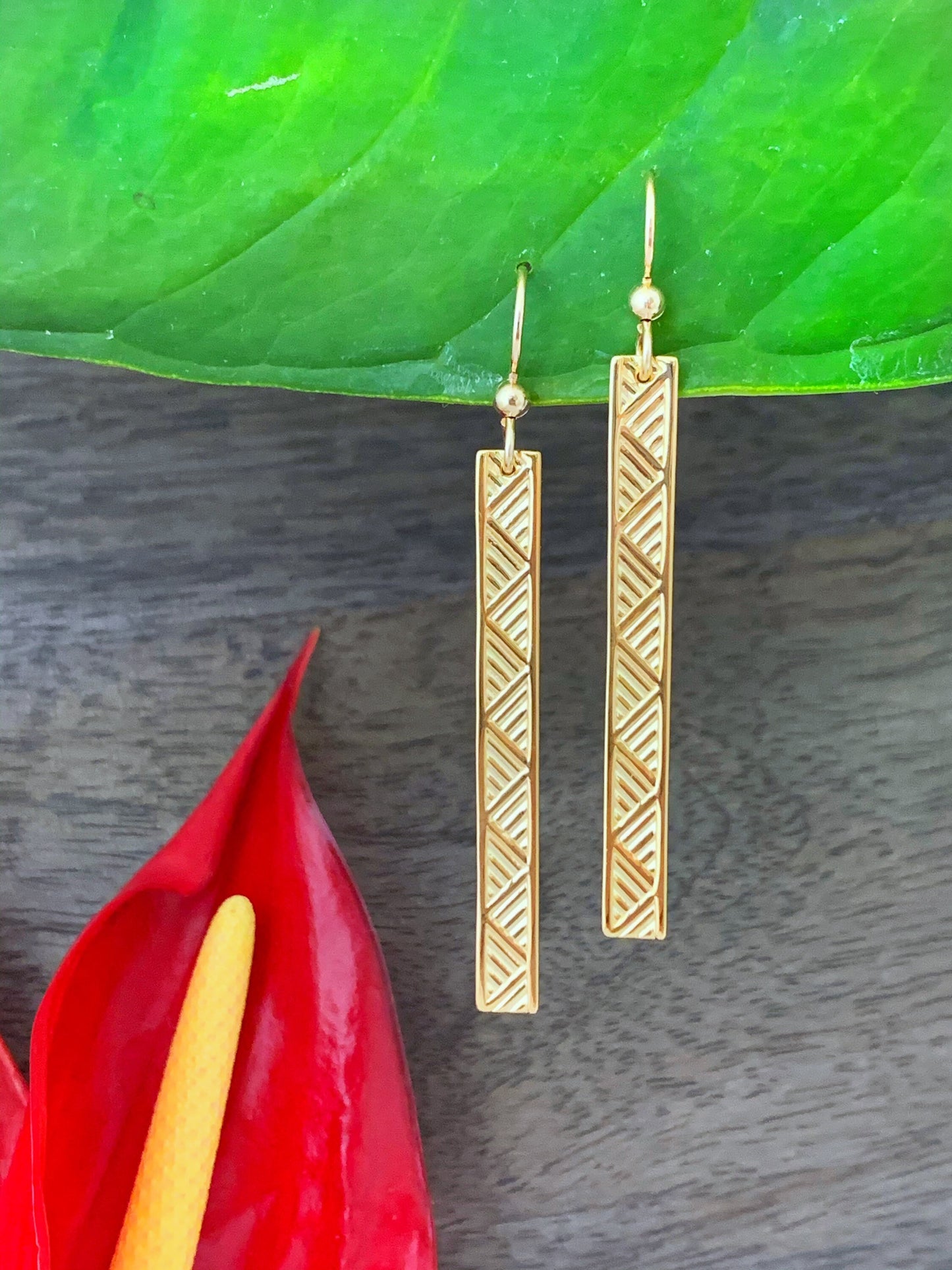 Hawaiian Gold Lauhala Bar Earrings : Gold vermeil or Sterlimg silver