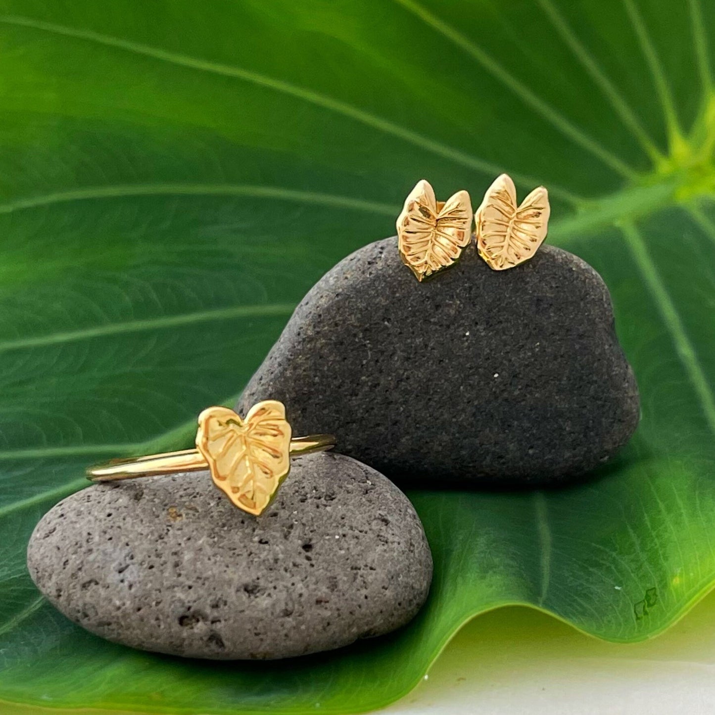Kalo Leaf Stud Earrings: Hawaiian Jewelry • Gold vermeil or sterling silver