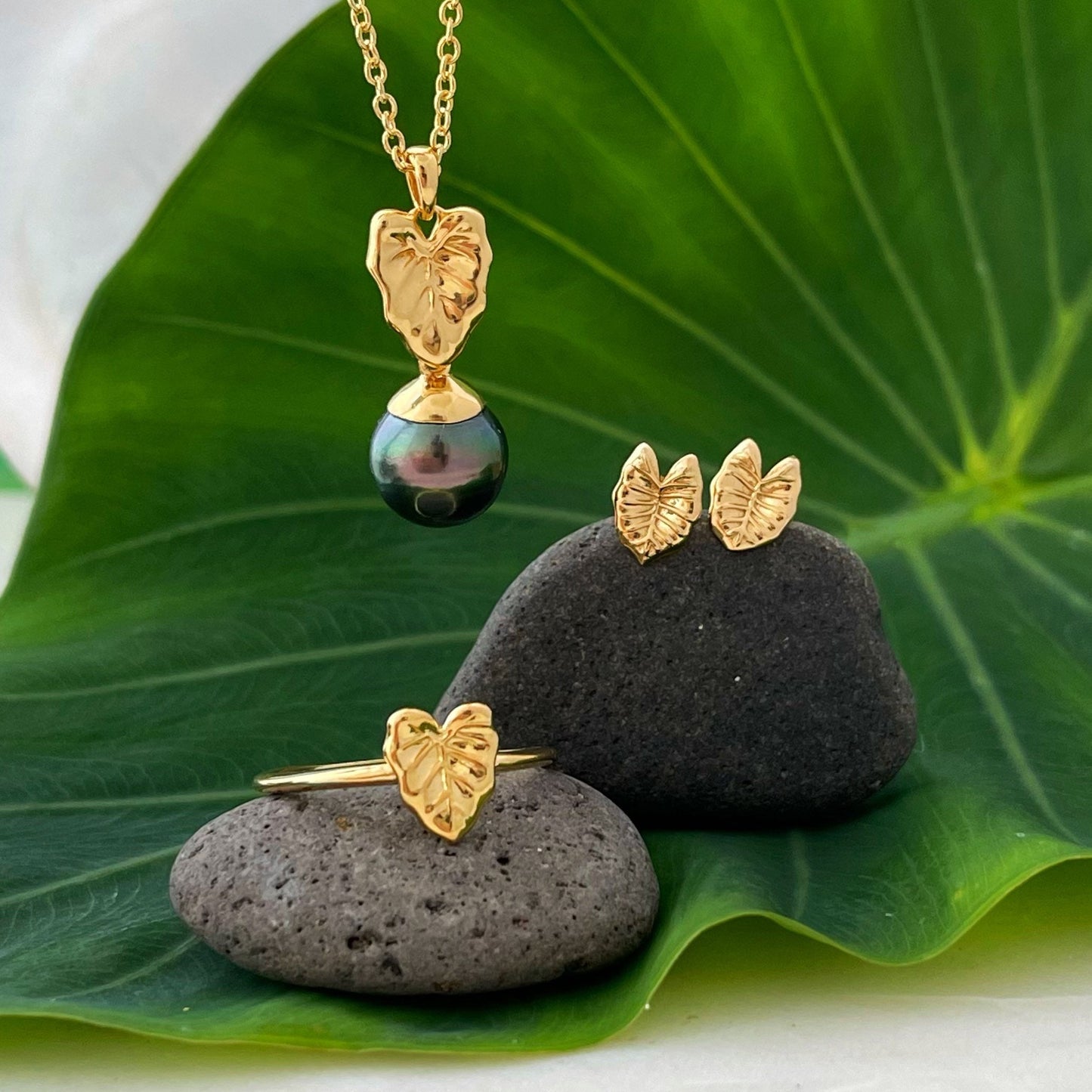 Kalo Leaf Stud Earrings: Hawaiian Jewelry • Gold vermeil or sterling silver