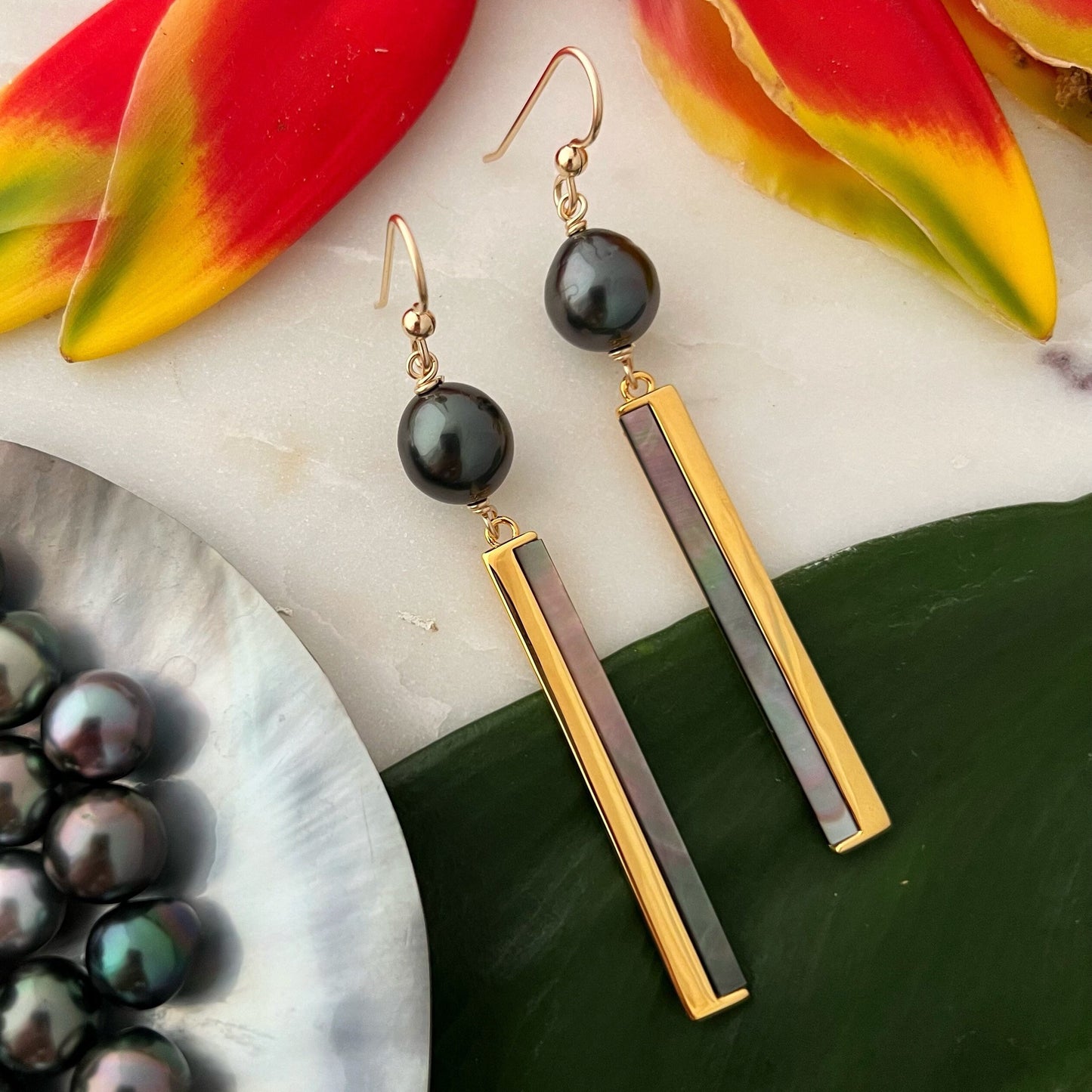 Tahitian Pearl & Shell Dangle Earrings • 14k Gold Vermeil Inlay