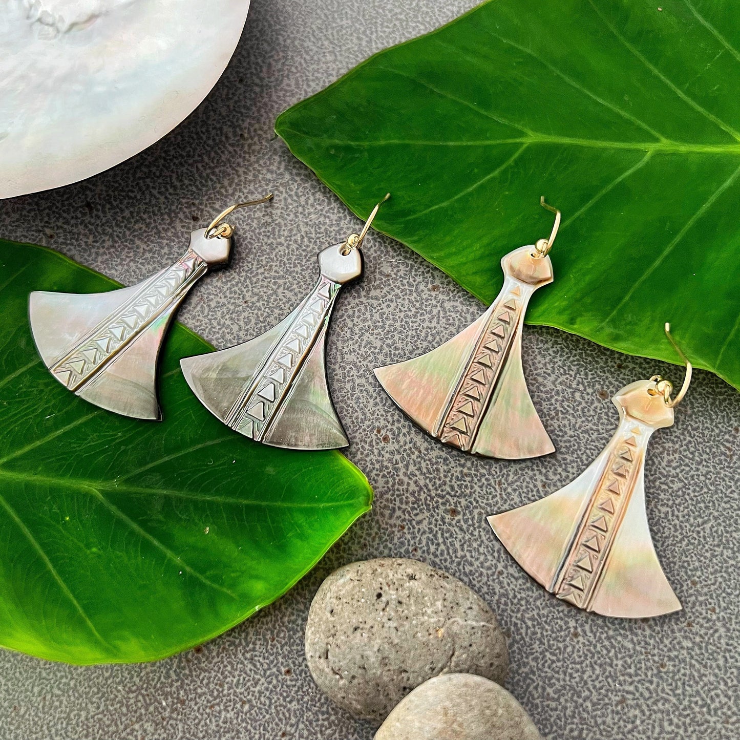 Hawaiian Poi Pounder Earrings , hand carved in mother of pearl shell