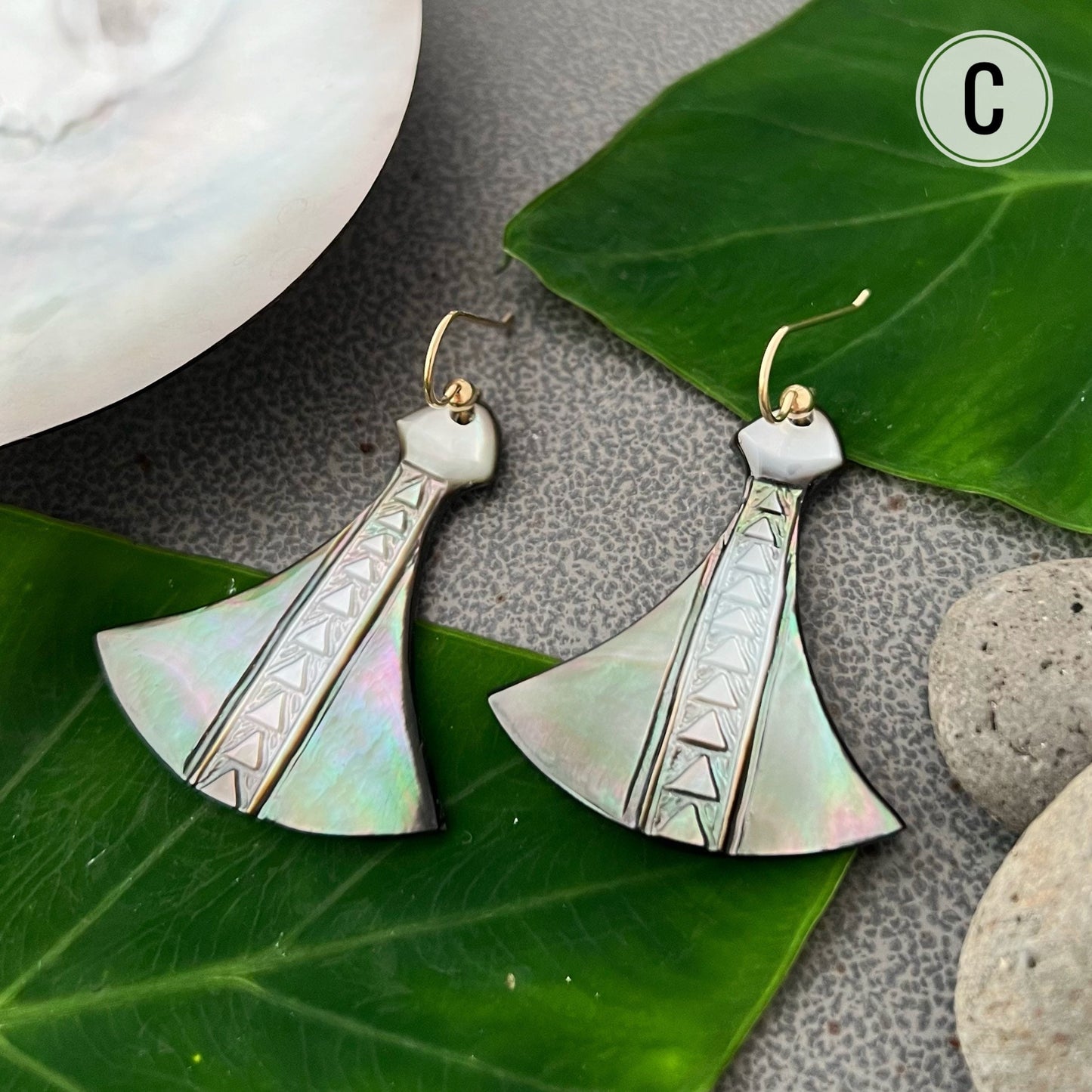 Hawaiian Poi Pounder Earrings , hand carved in mother of pearl shell