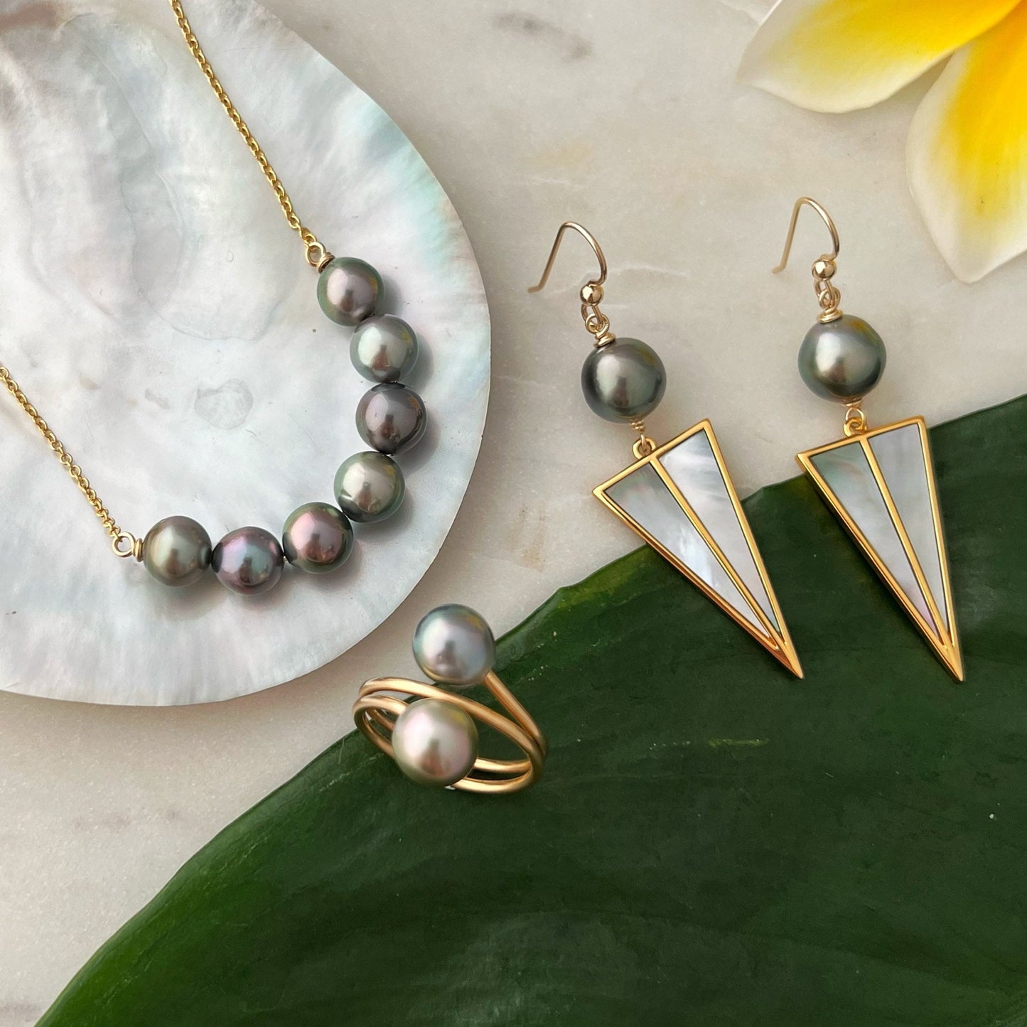 Tahitian pearl dangle earrings • Mother of pearl and Gold Inlay