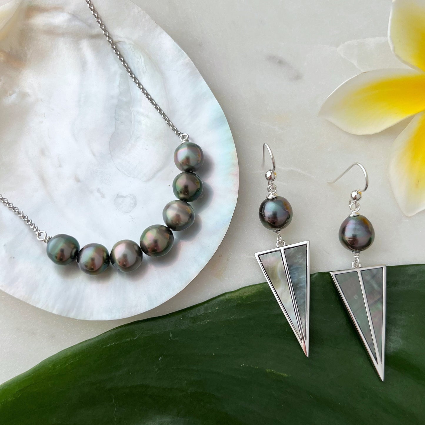 Tahitian Pearl Earrings with Mother of Pearl Inlay – Sterling Silver Dangle jewelry