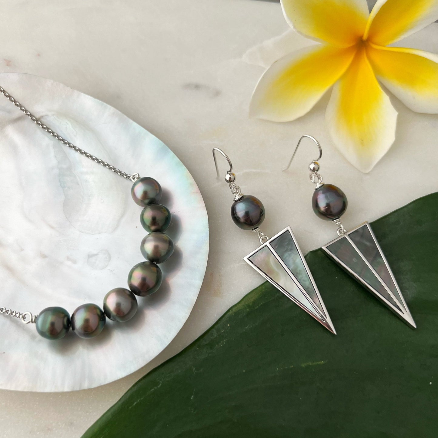 Tahitian Pearl Earrings with Mother of Pearl Inlay – Sterling Silver Dangle jewelry