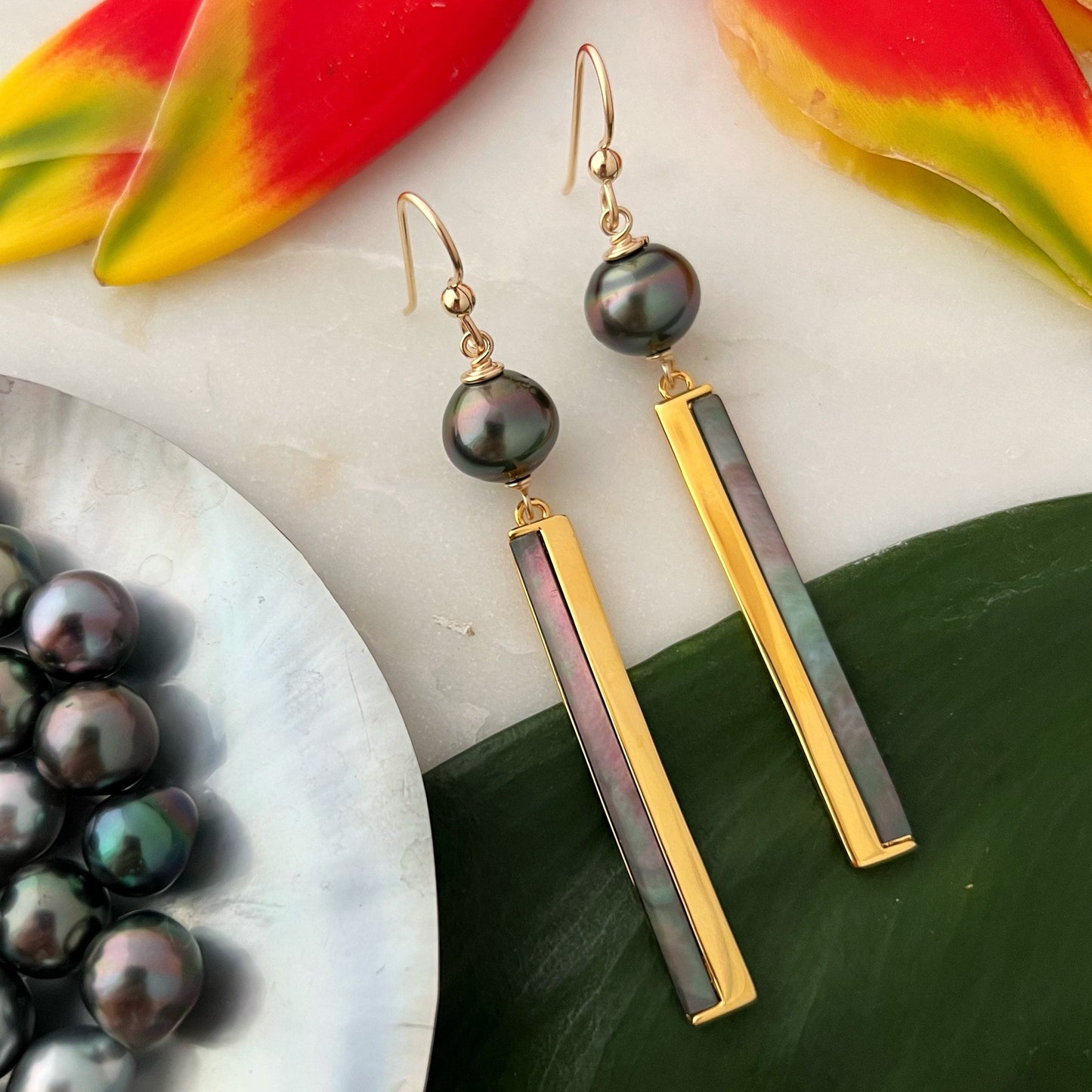 Tahitian Pearl & Shell Dangle Earrings • 14k Gold Vermeil Inlay
