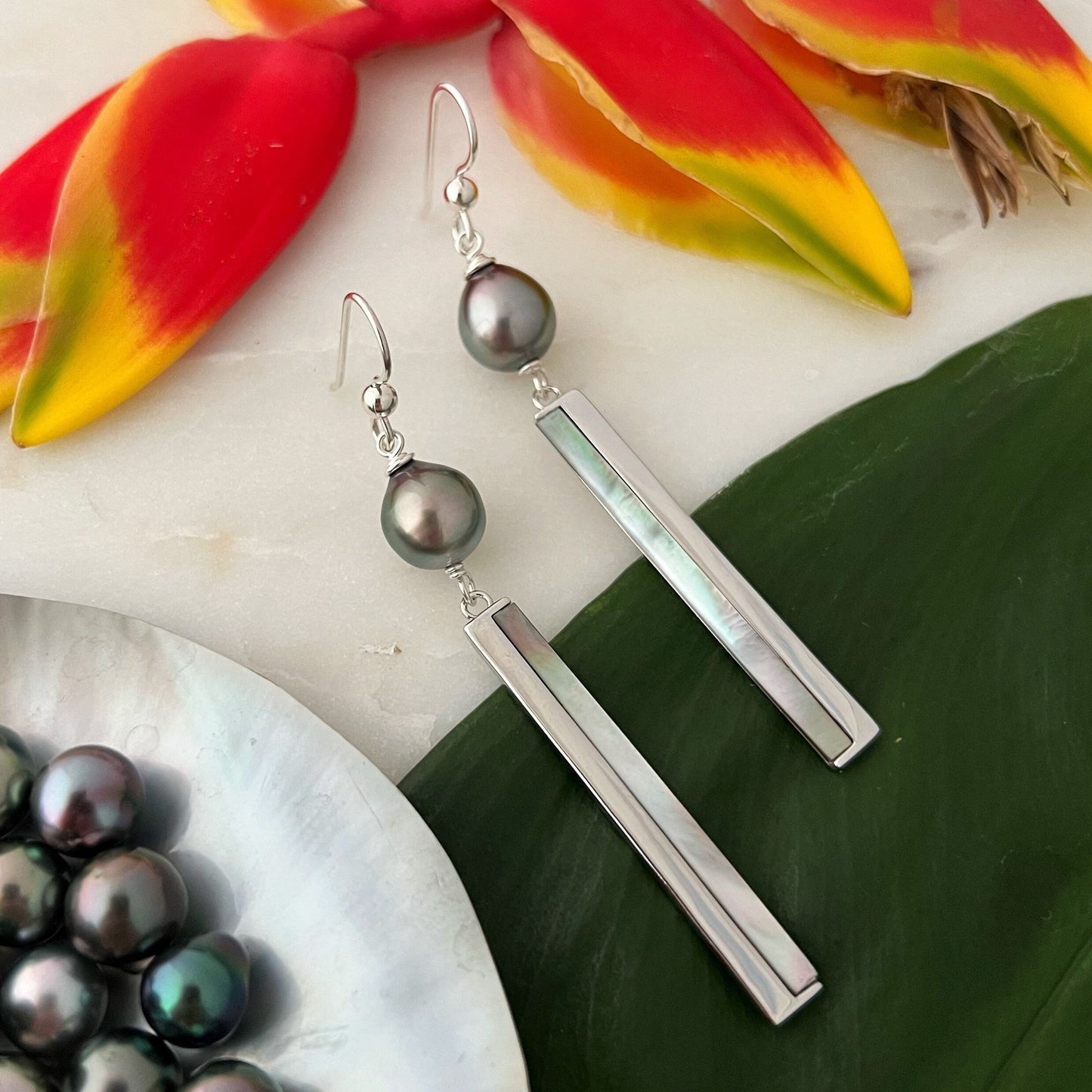 Tahitian Pearl dangle earrings • Shell inlay • Sterling silver