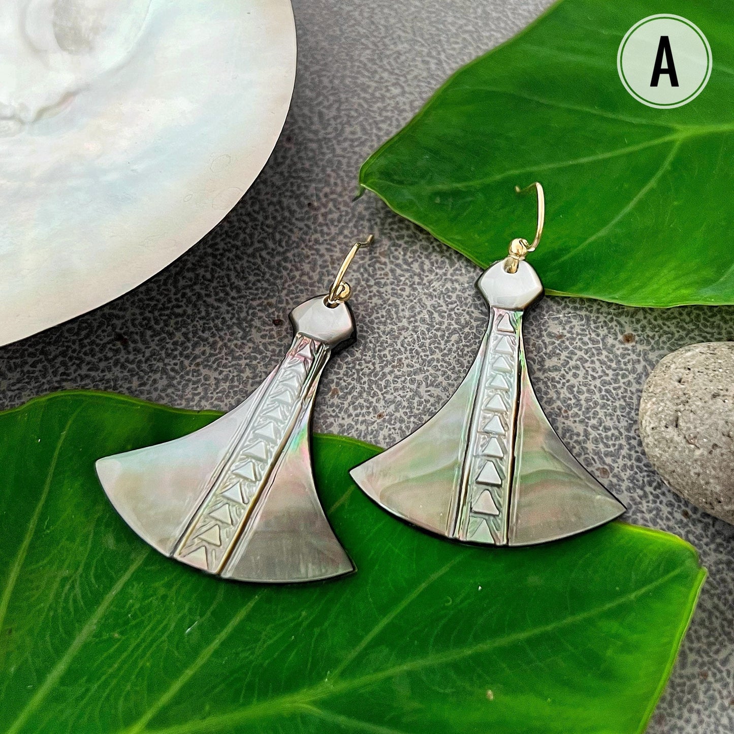 Hawaiian Poi Pounder Earrings , hand carved in mother of pearl shell