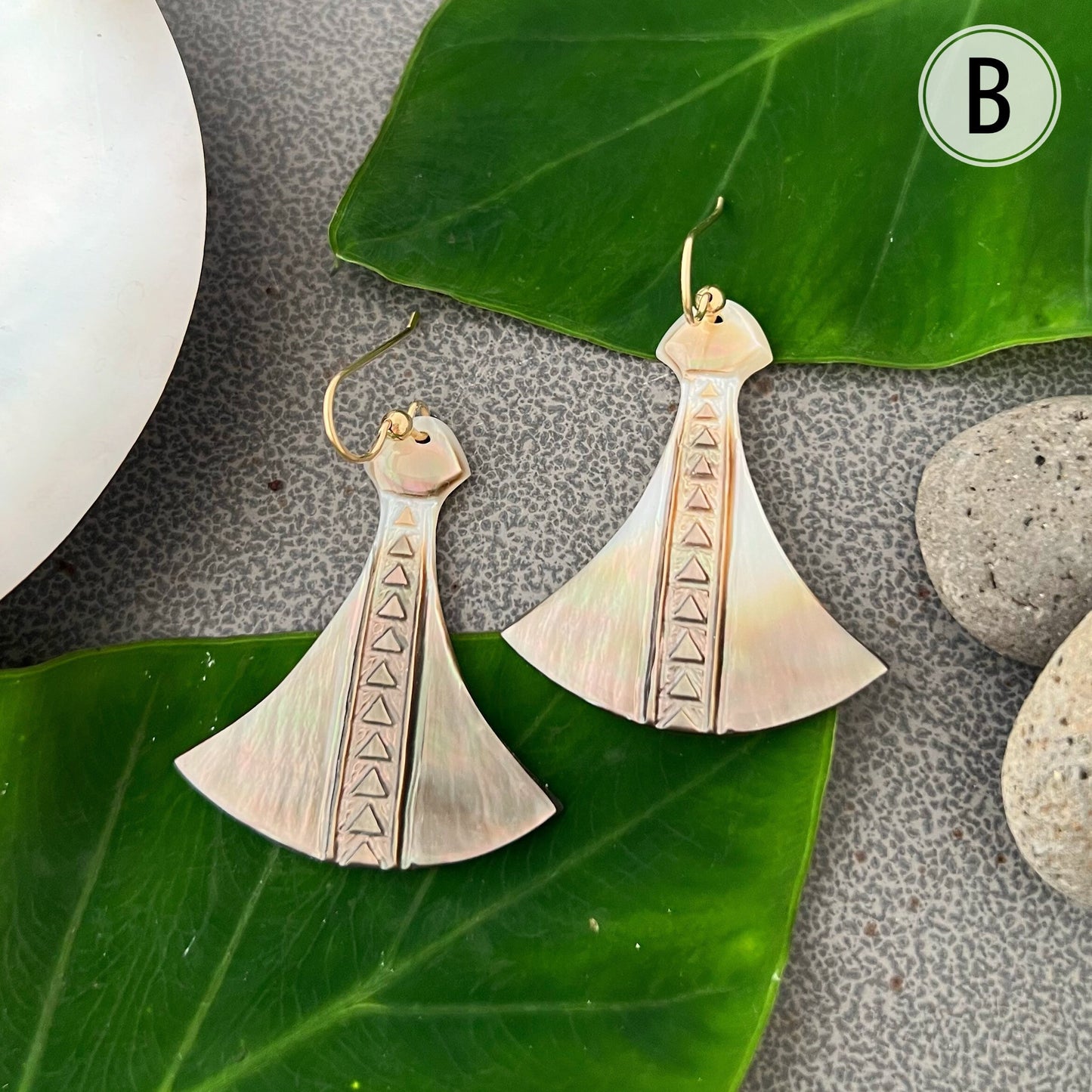 Hawaiian Poi Pounder Earrings , hand carved in mother of pearl shell