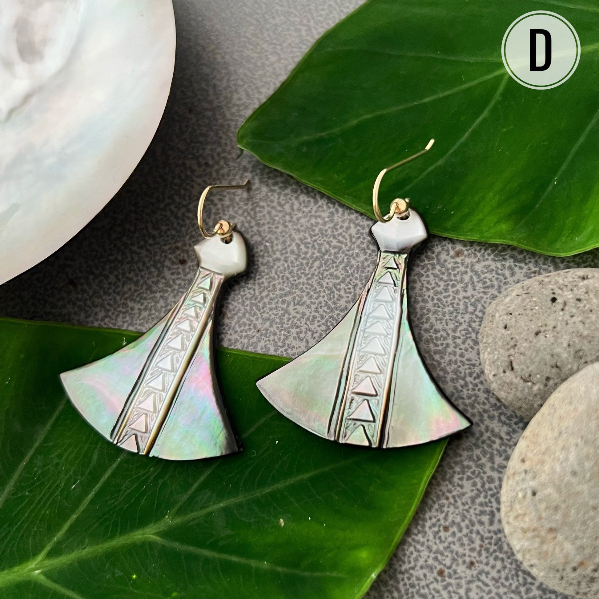 Hawaiian Poi Pounder Earrings , hand carved in mother of pearl shell