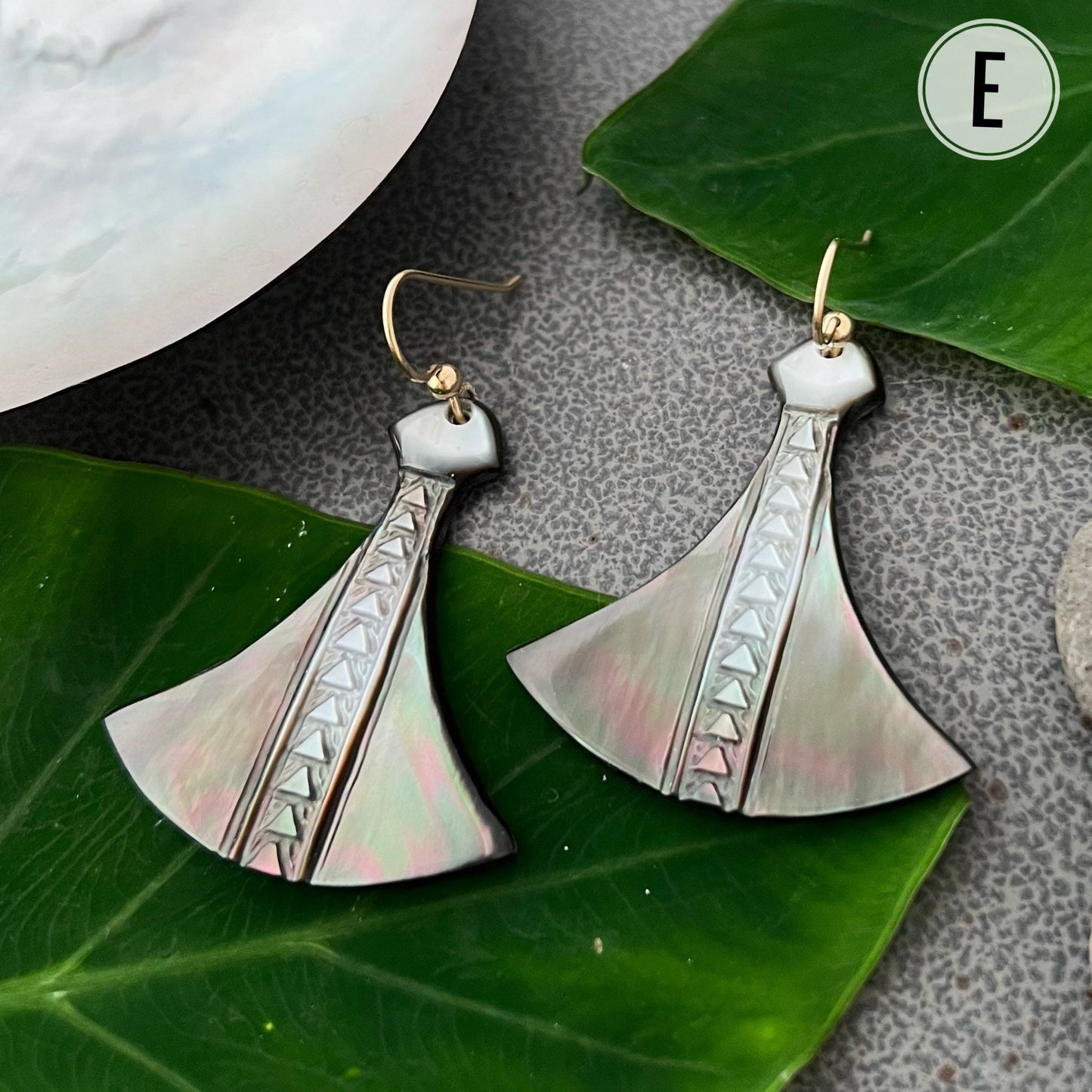 Hawaiian Poi Pounder Earrings , hand carved in mother of pearl shell