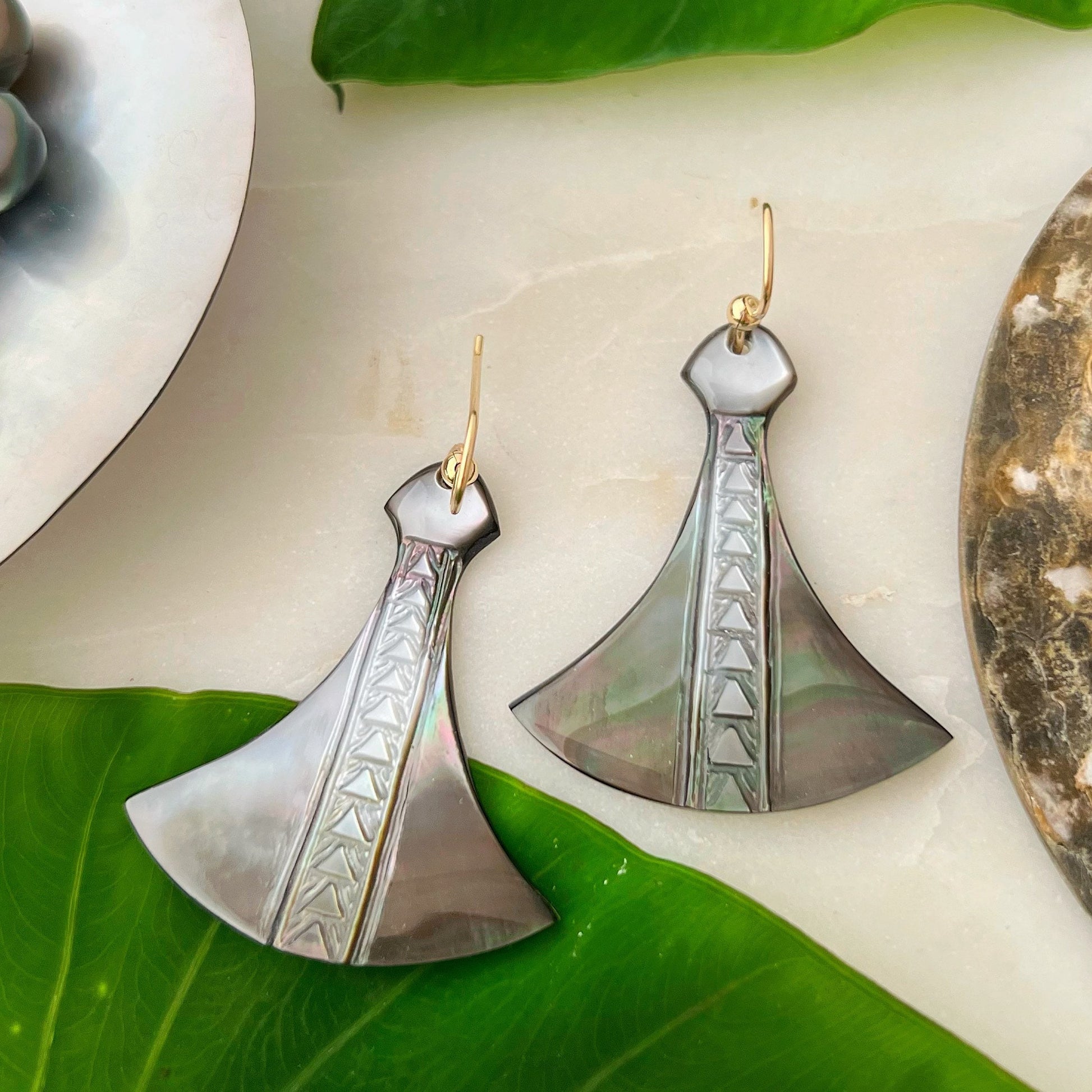 Hawaiian Poi Pounder Earrings , hand carved in mother of pearl shell