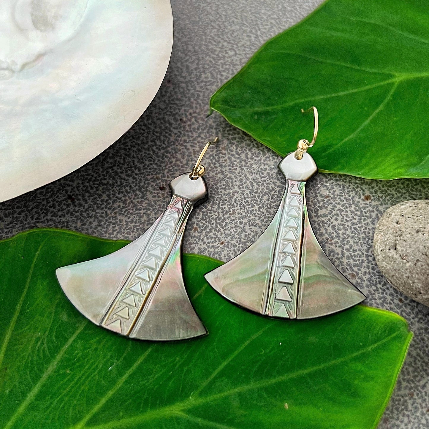 Hawaiian Poi Pounder Earrings , hand carved in mother of pearl shell