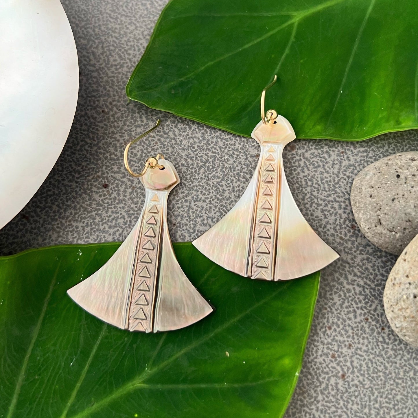 Hawaiian Poi Pounder Earrings , hand carved in mother of pearl shell