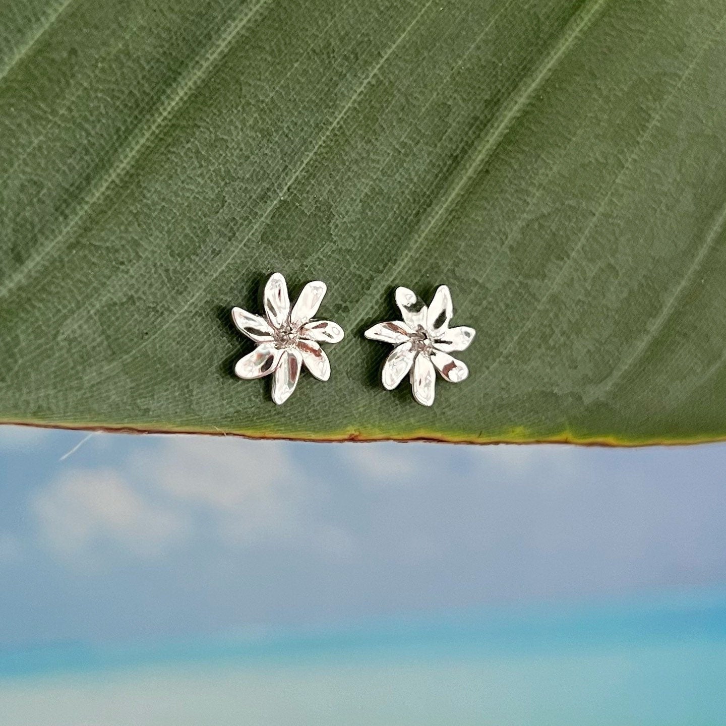 Sterling Silver Tiare Flower Stud Earrings: Tahitian Gardenia