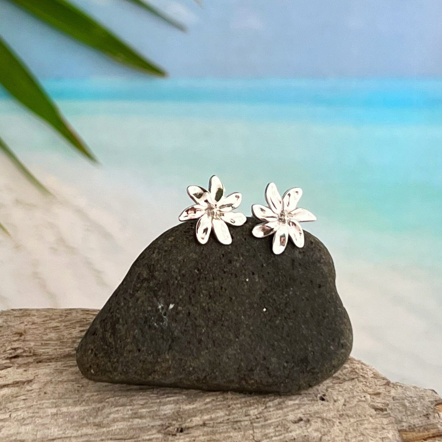 Sterling Silver Tiare Flower Stud Earrings: Tahitian Gardenia