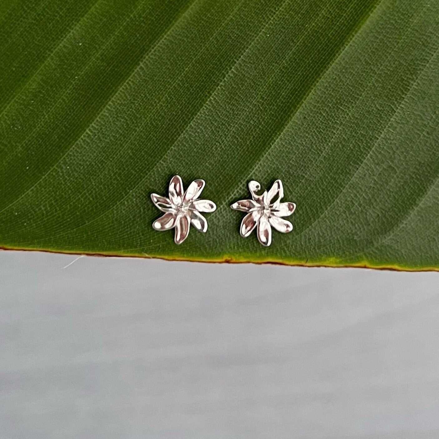Sterling Silver Tiare Flower Stud Earrings: Tahitian Gardenia