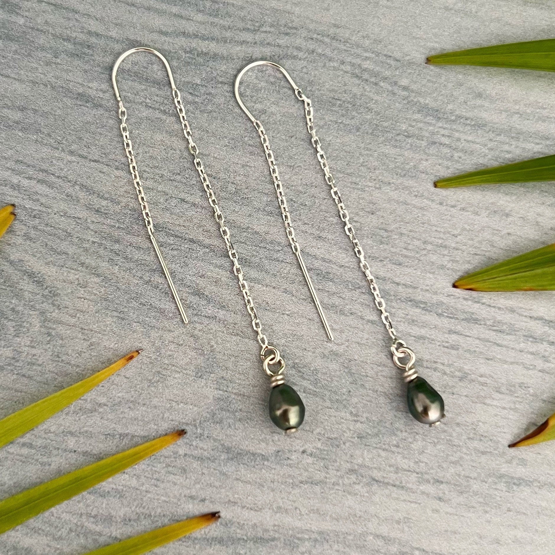 Tahitian Keshi Pearl Threader Earrings: Sterling Silver or Gold filled Dangles