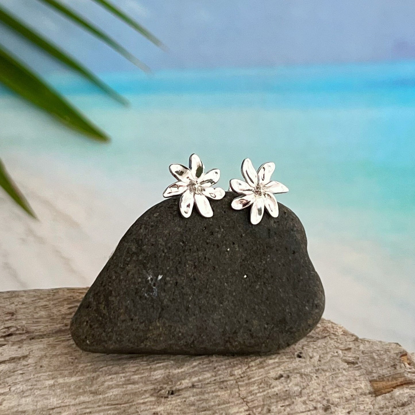 Sterling Silver Tiare Flower Stud Earrings: Tahitian Gardenia