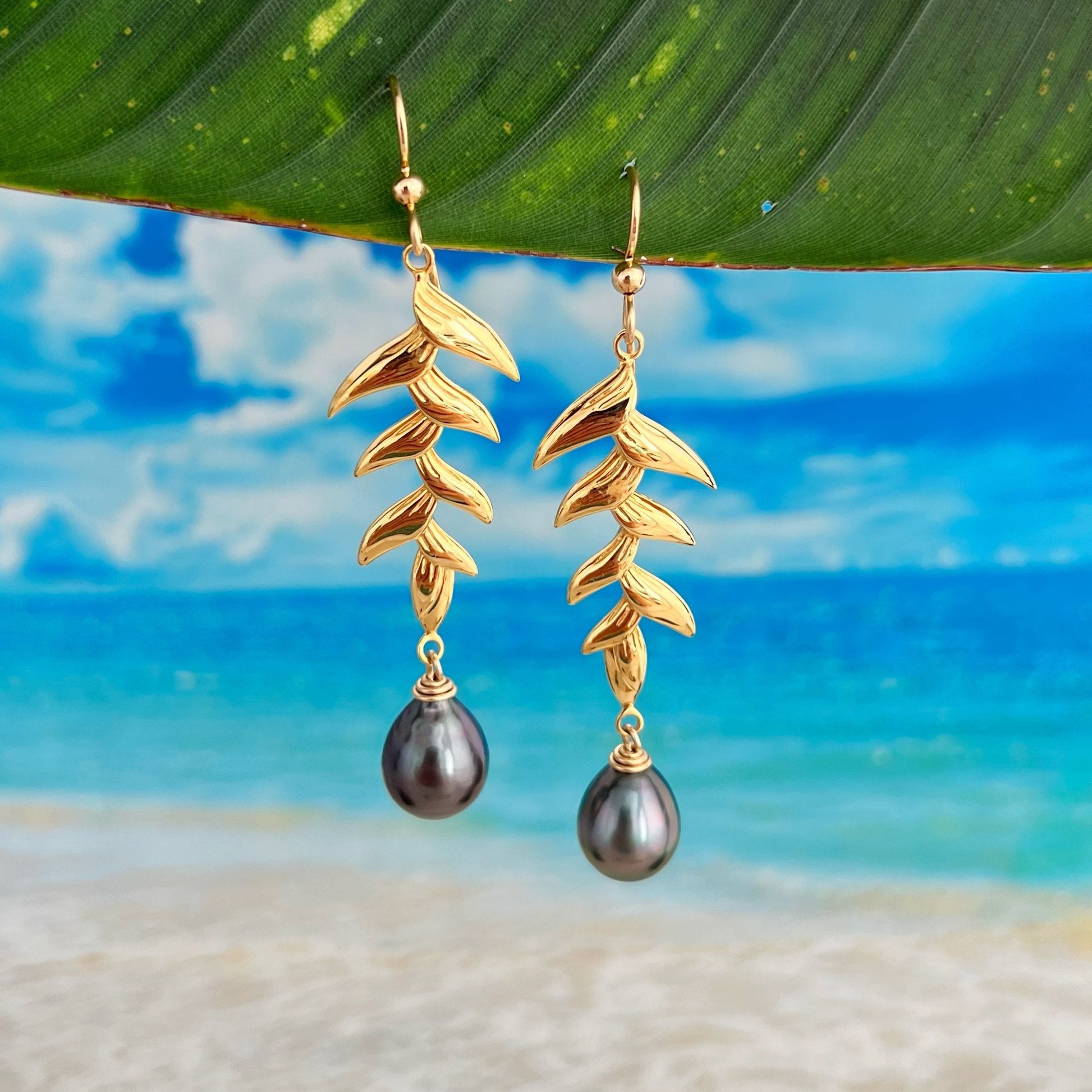 Tahitian Pearl Dangle Earrings: Gold plated Heliconia Leaf Drop Jewelry