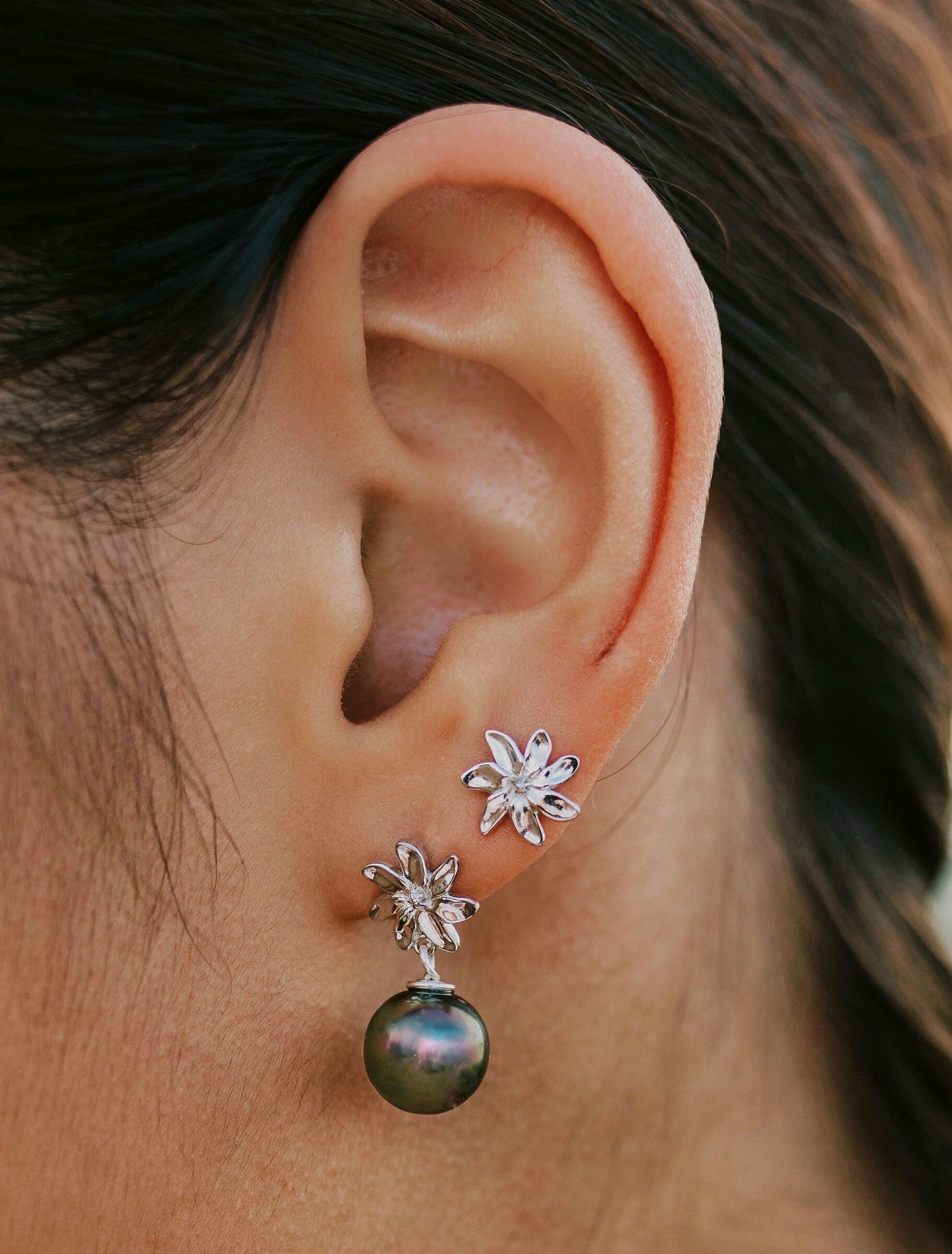 Tahitian pearl earrings — Gardenia Tiare flower • Sterling silver jewelry