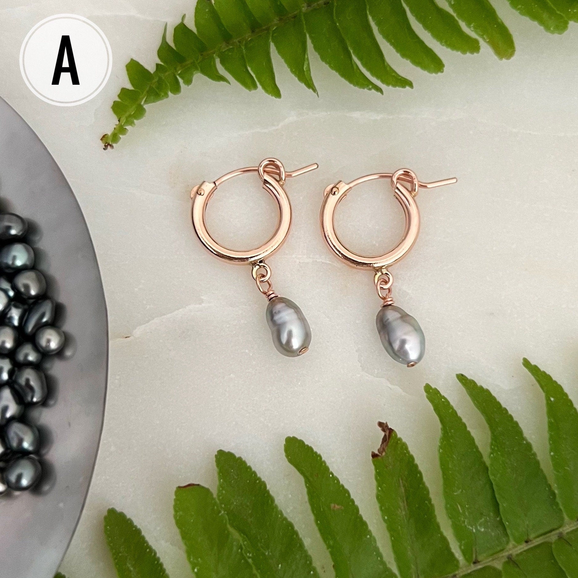 Tahitian Keshi Pearl Hoop Earrings: 14k Rose Gold Filled