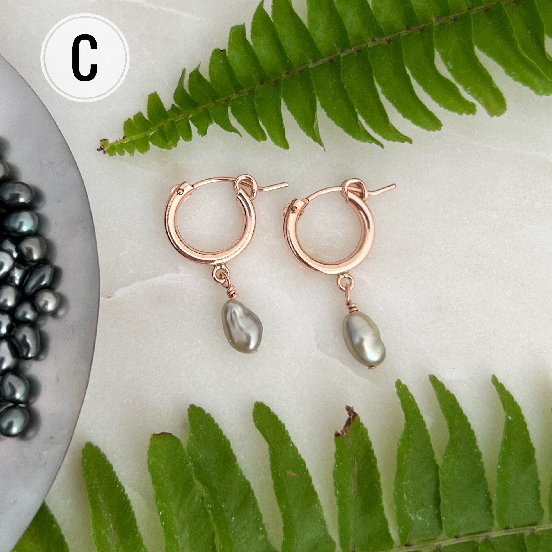 Tahitian Keshi Pearl Hoop Earrings: 14k Rose Gold Filled