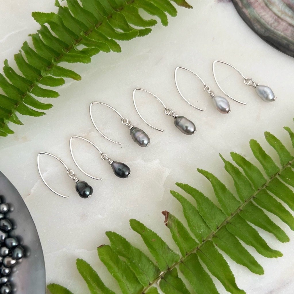Sterling Silver Tahitian Keshi Pearl Dangle Earrings • Minimalist drop • hook design
