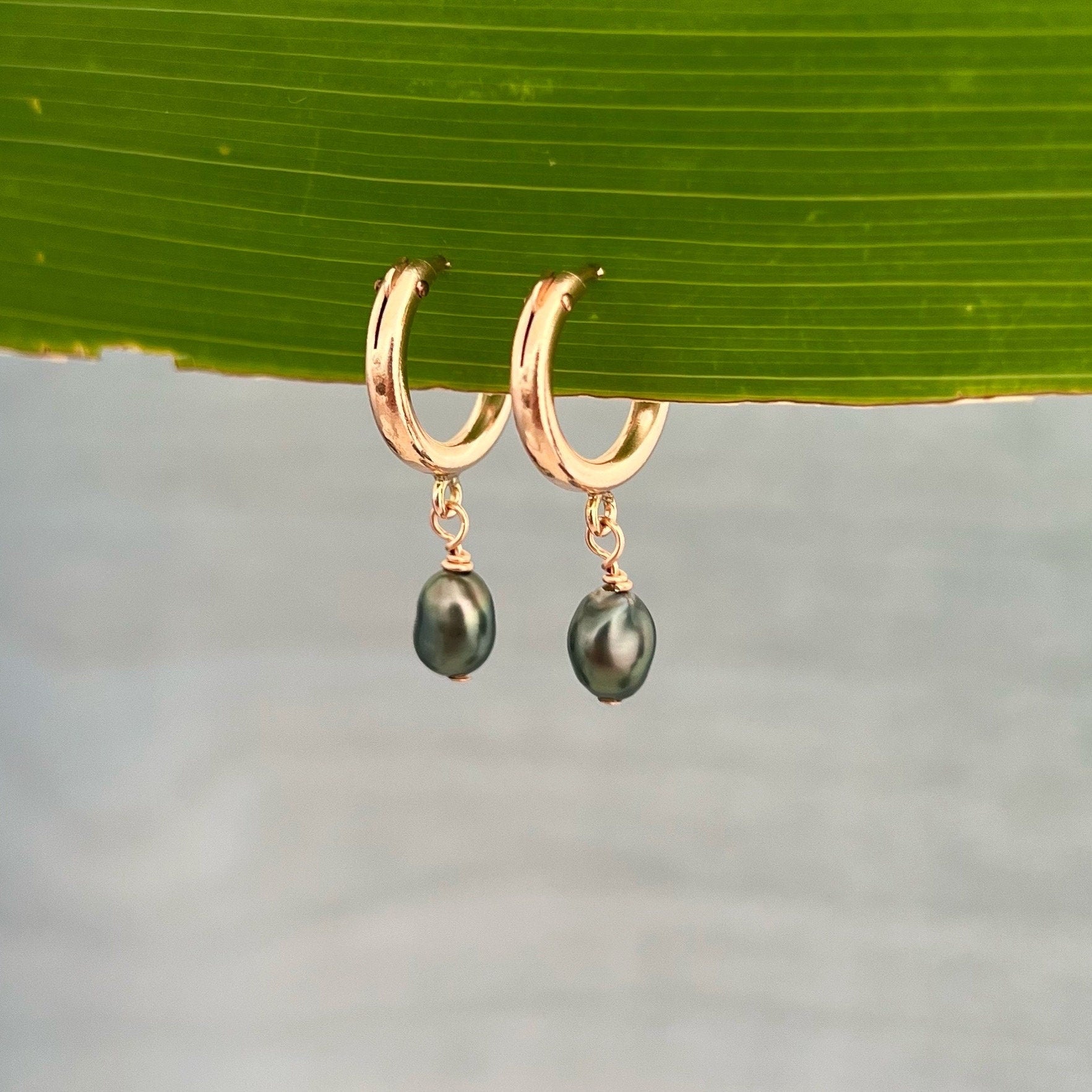 Tahitian Keshi Pearl Hoop Earrings: 14k Rose Gold Filled