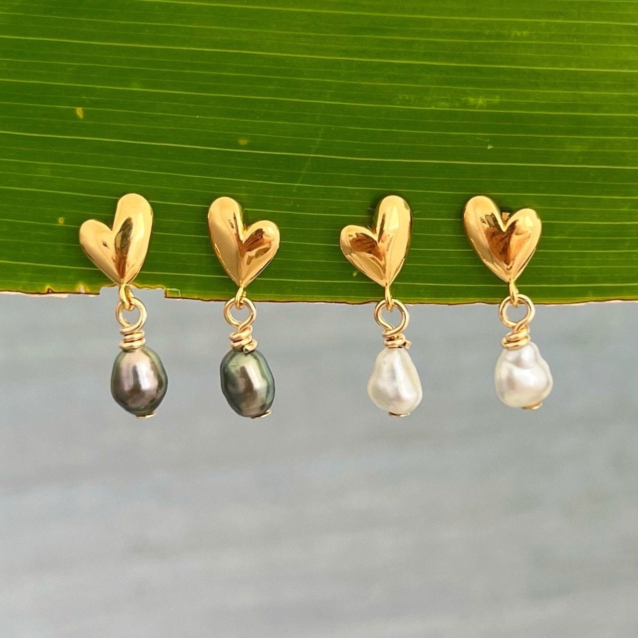 Tiny Heart Tahitian Pearl Earrings: 18k Gold Plated studs