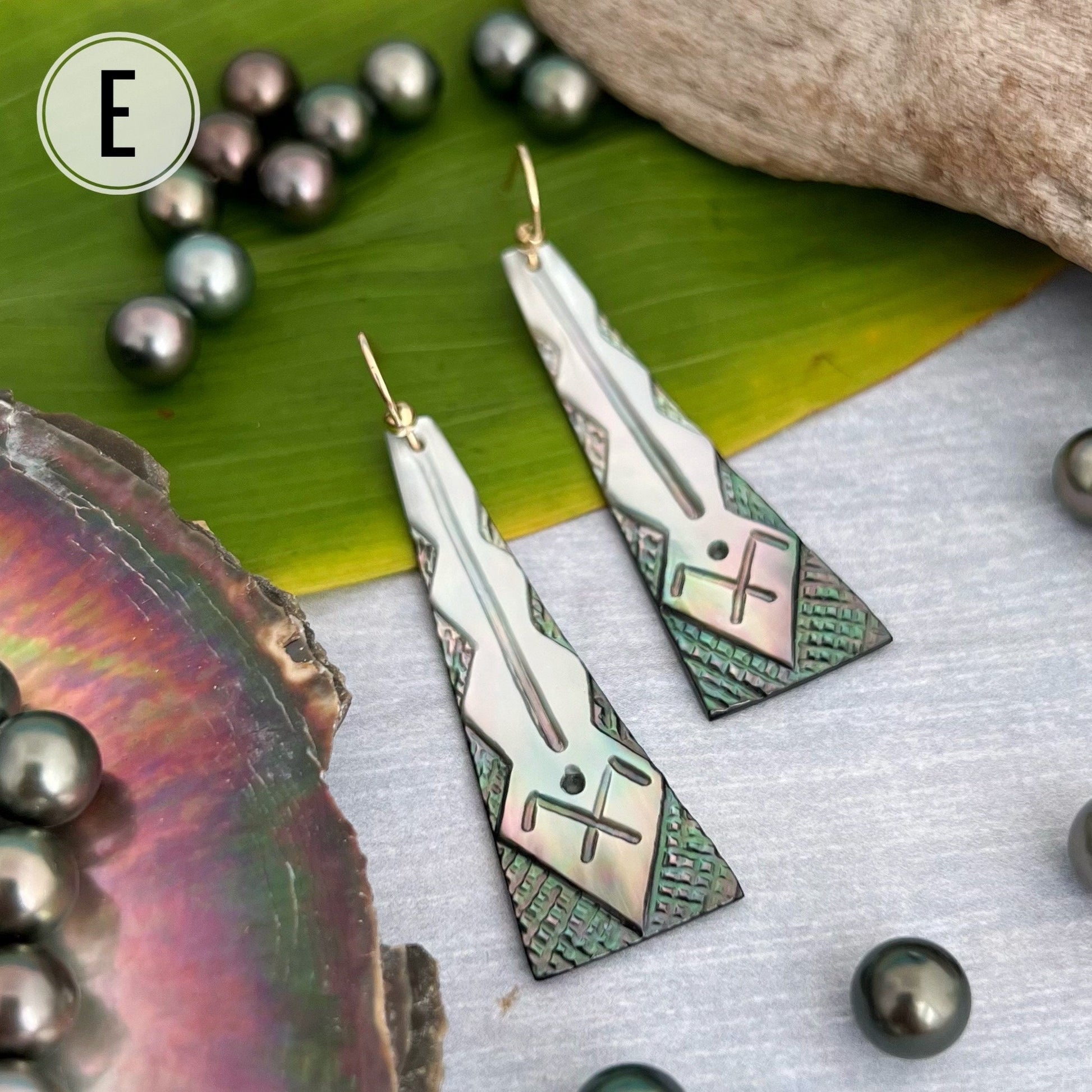 Hand Carved ‘Iwa Mother Of Pearl Earrings