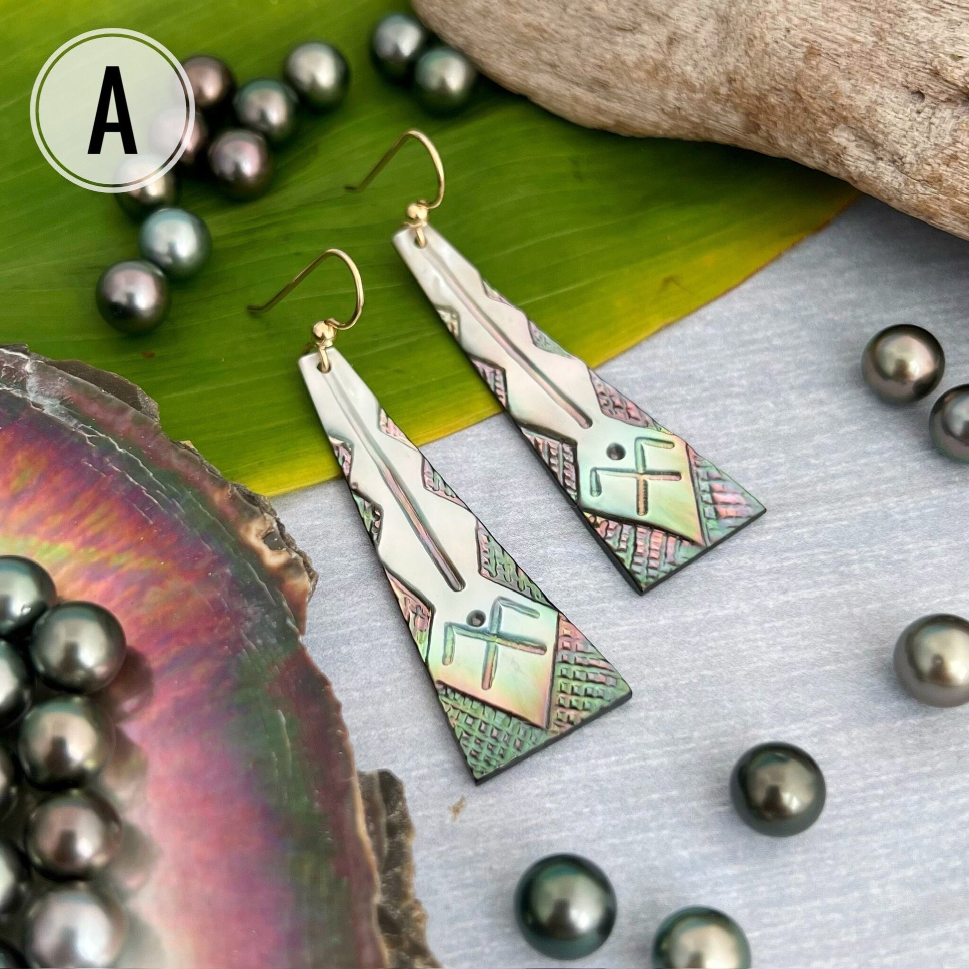Hand Carved ‘Iwa Mother Of Pearl Earrings